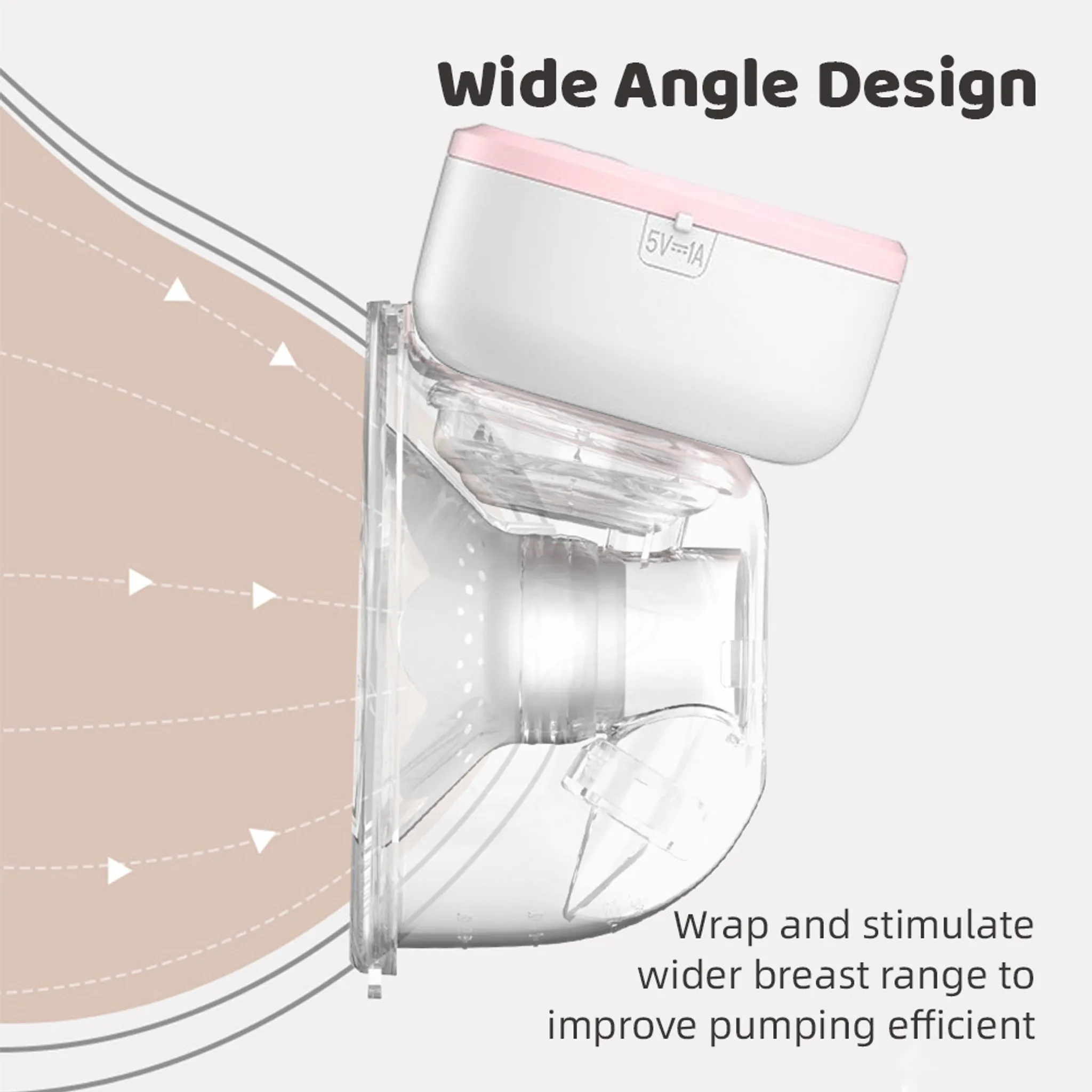 Eine Brustpumpe mit weißem und rosa Oberteil. Sie hat einen transparenten Teil und den Text 'Wide Angle Design'.