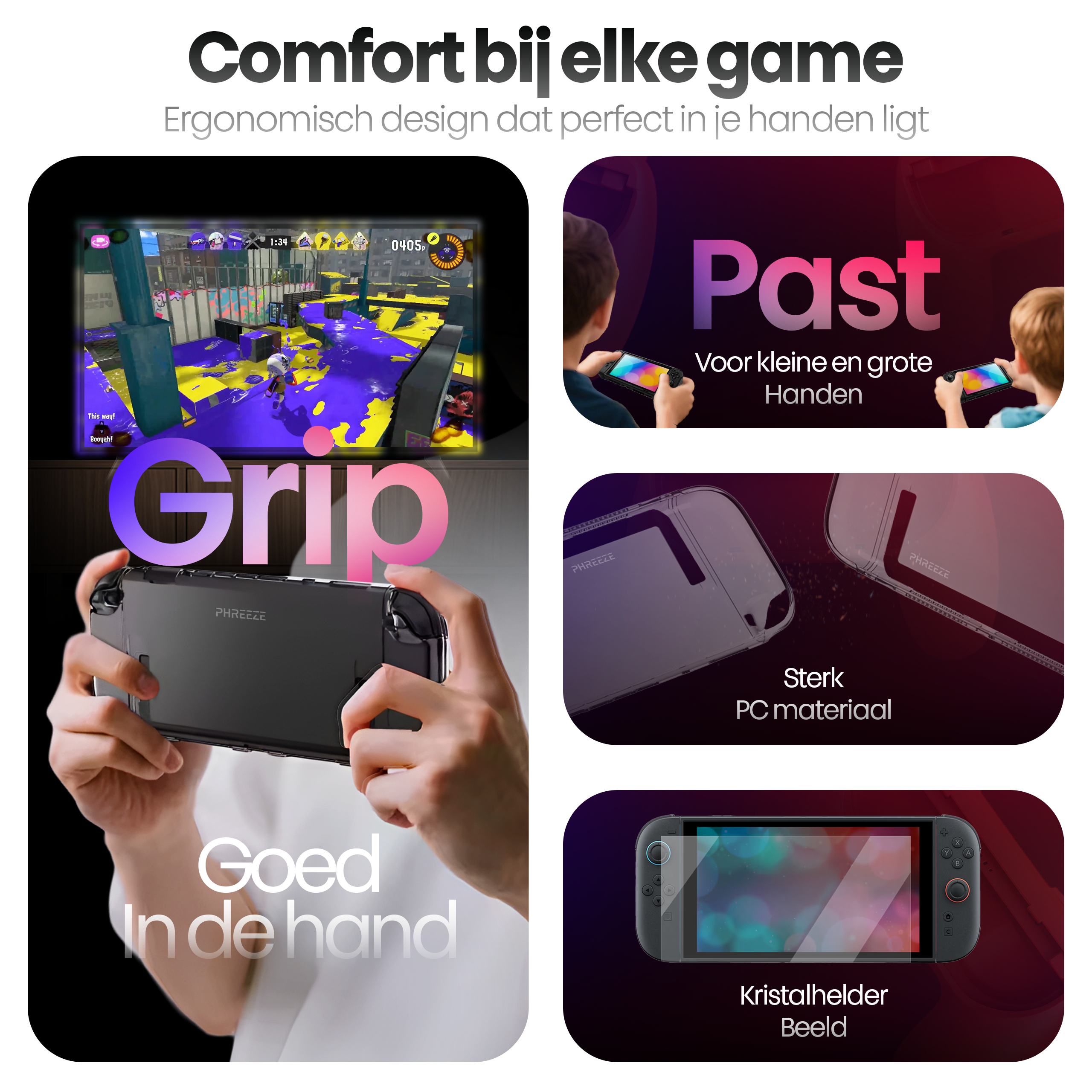 An advertisement shows a gaming console with text in Dutch. It highlights comfort, grip, and crystal-clear display.
