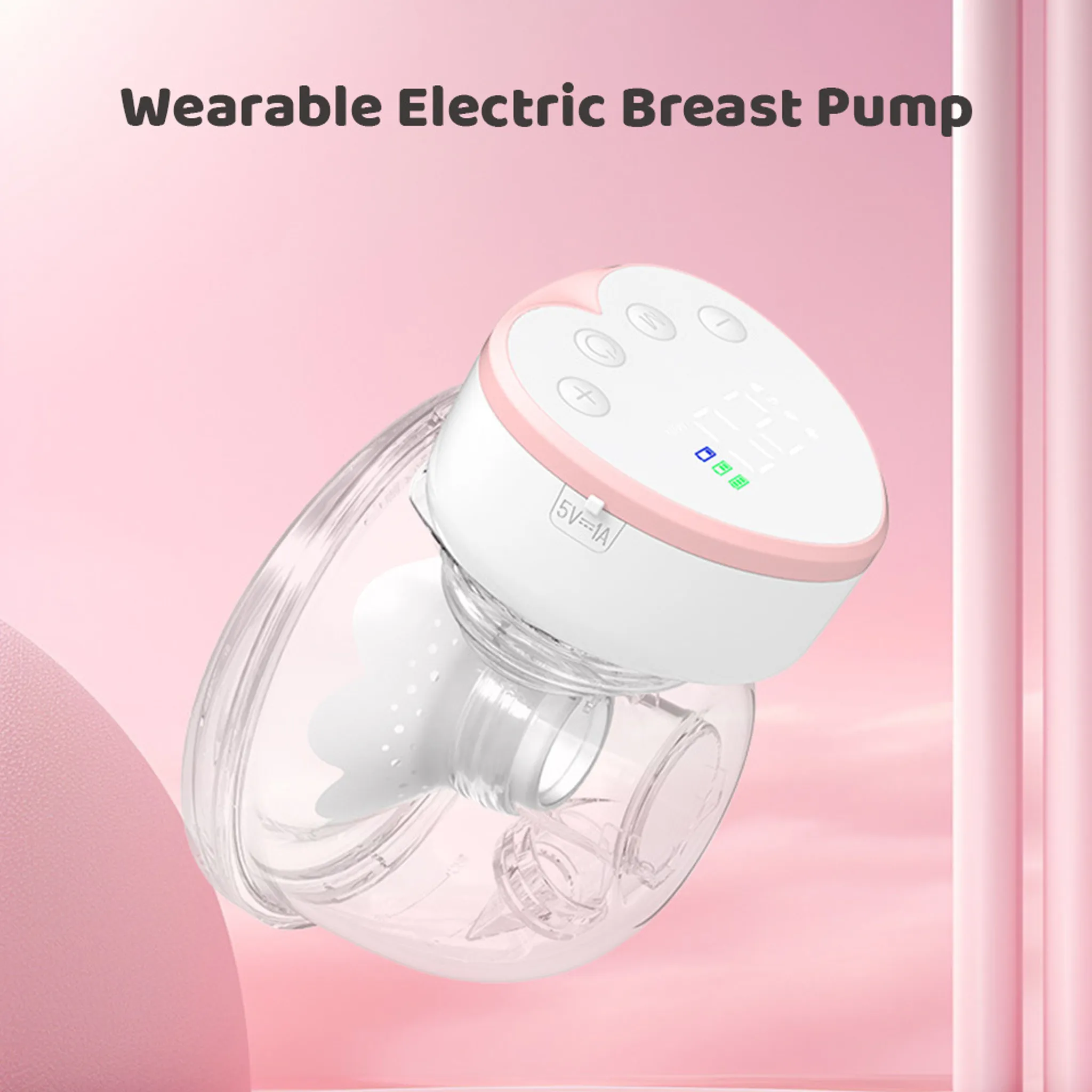 Tragbare elektrische Brustpumpe, weiß und rosa, mit LCD-Bildschirm. Klare Plastikflasche befestigt, auf rosa Hintergrund.