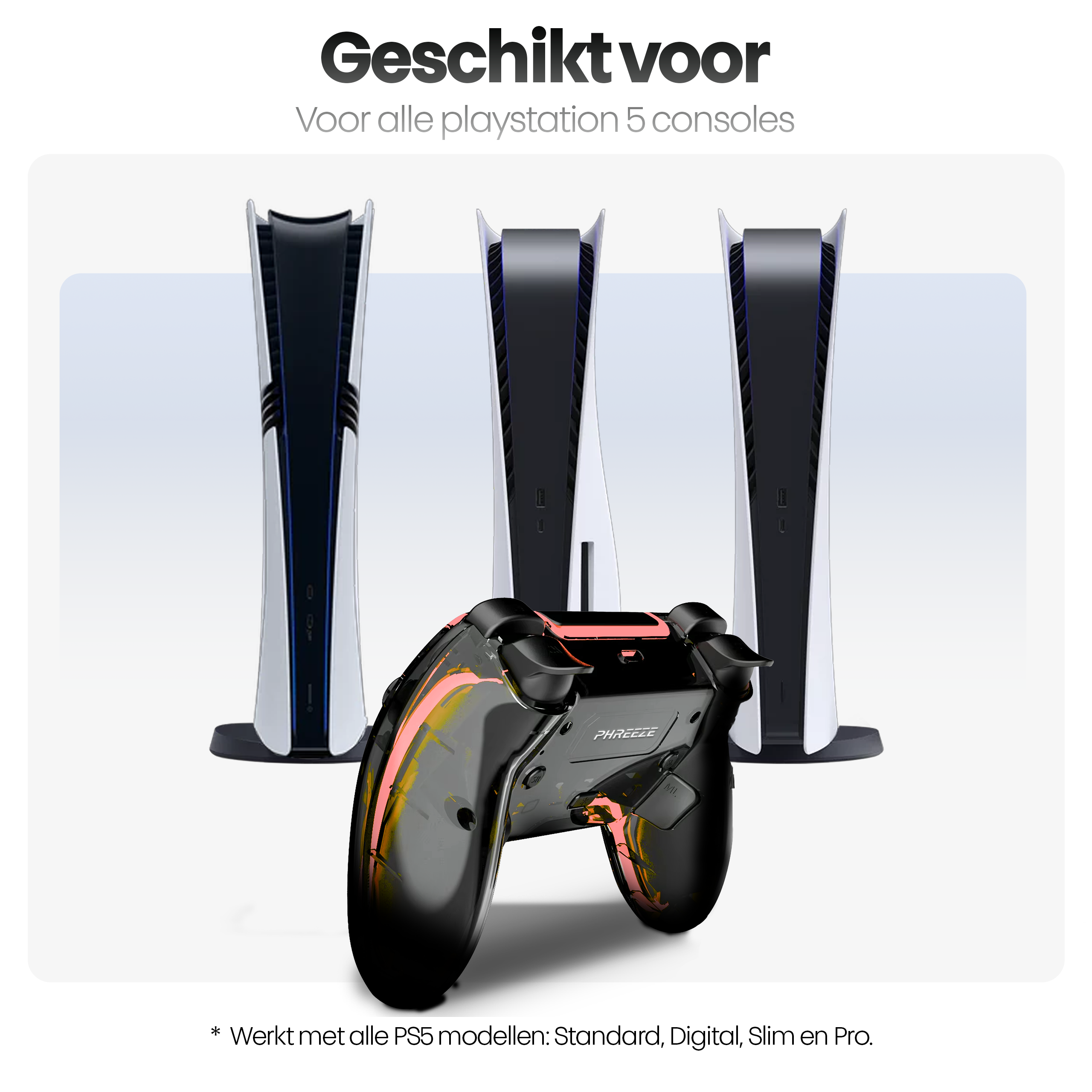Afbeelding toont een zwarte en gele controller voor drie witte Playstation 5 consoles.
