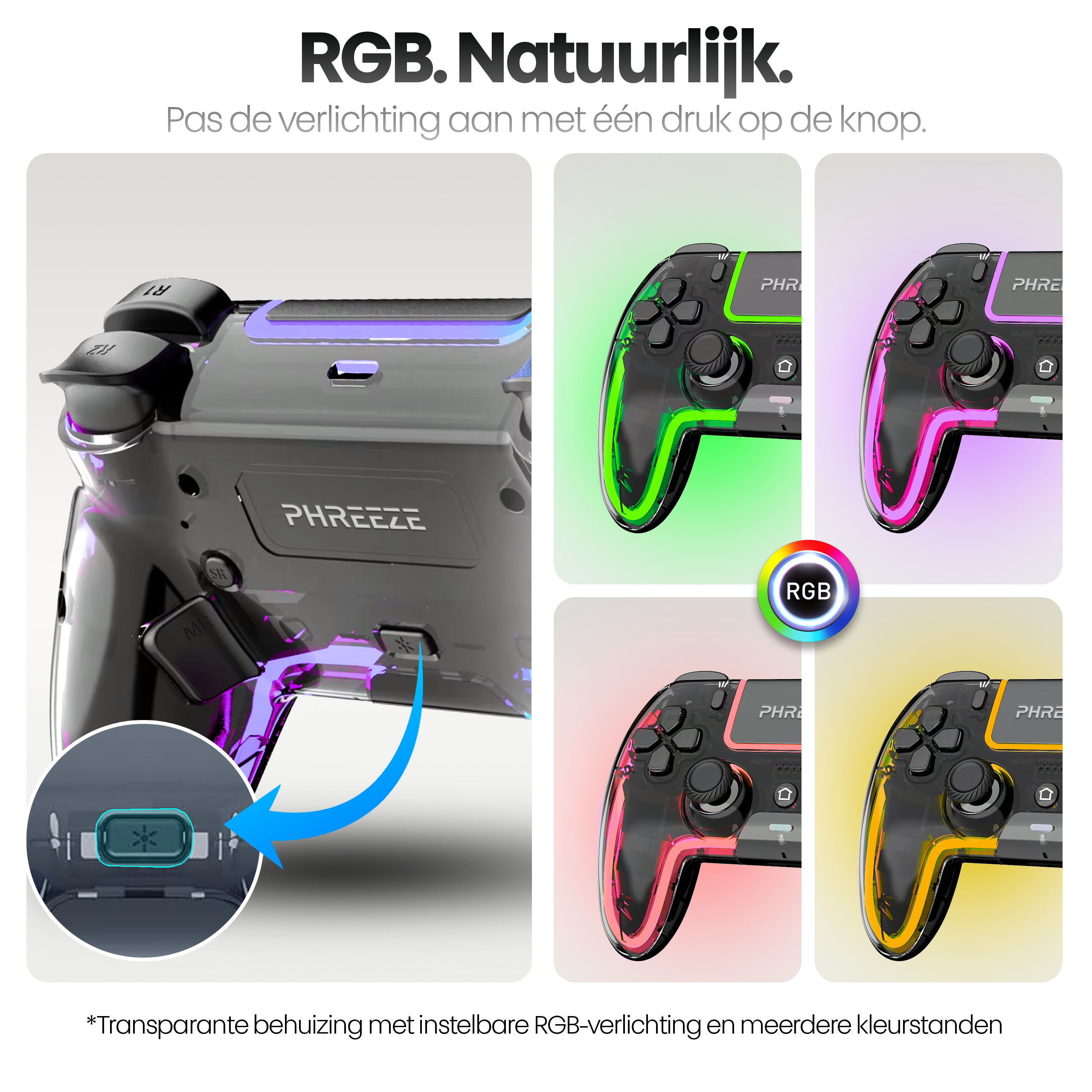 Een gamecontroller met RGB-verlichting, getoond in verschillende kleuren, en een transparante behuizing. Bevat het woord PHREEZE.
