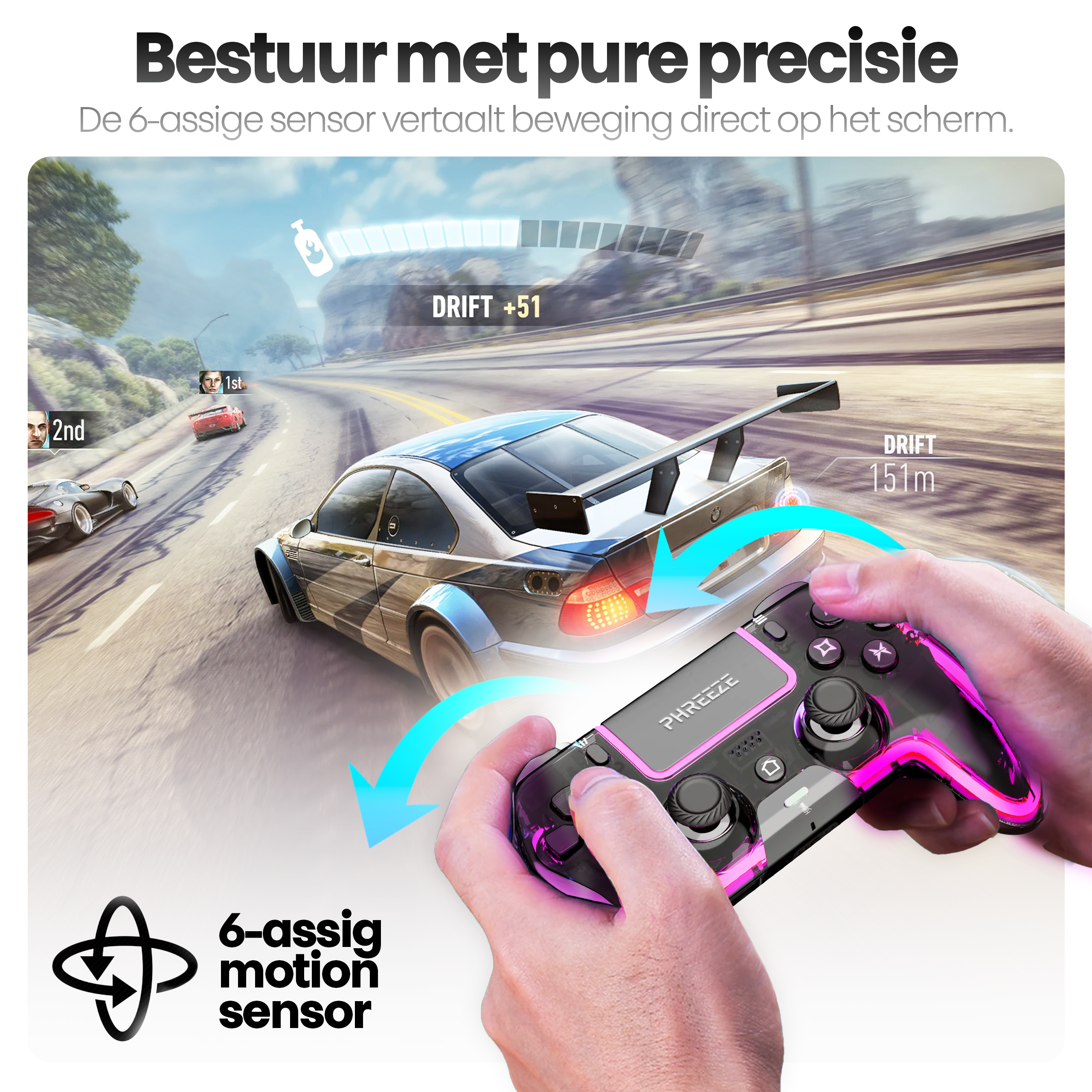 Een persoon houdt een controller vast met een racegame op het scherm.