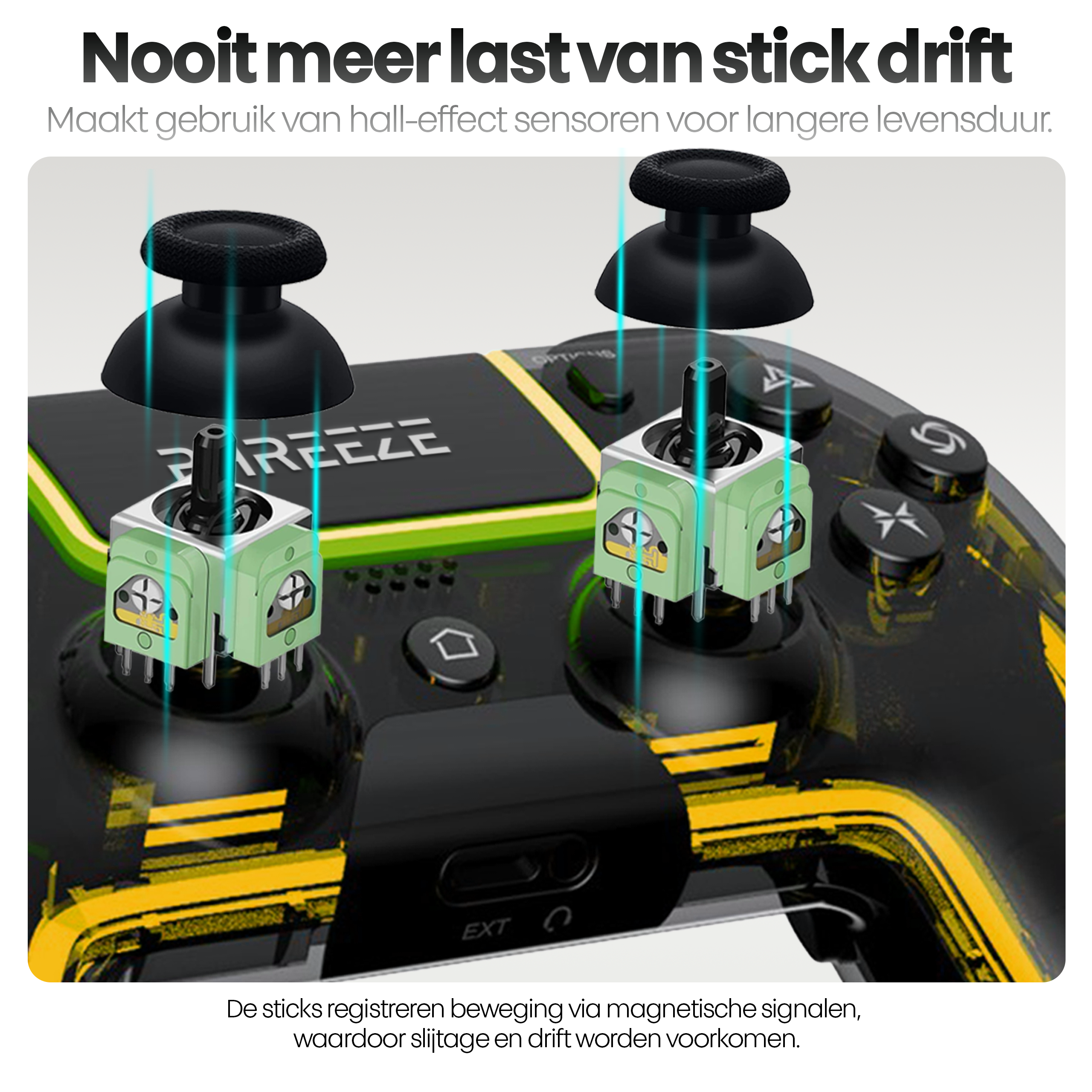 Een close-up van een gamecontroller met de joysticks met details over de stick drift-preventie.