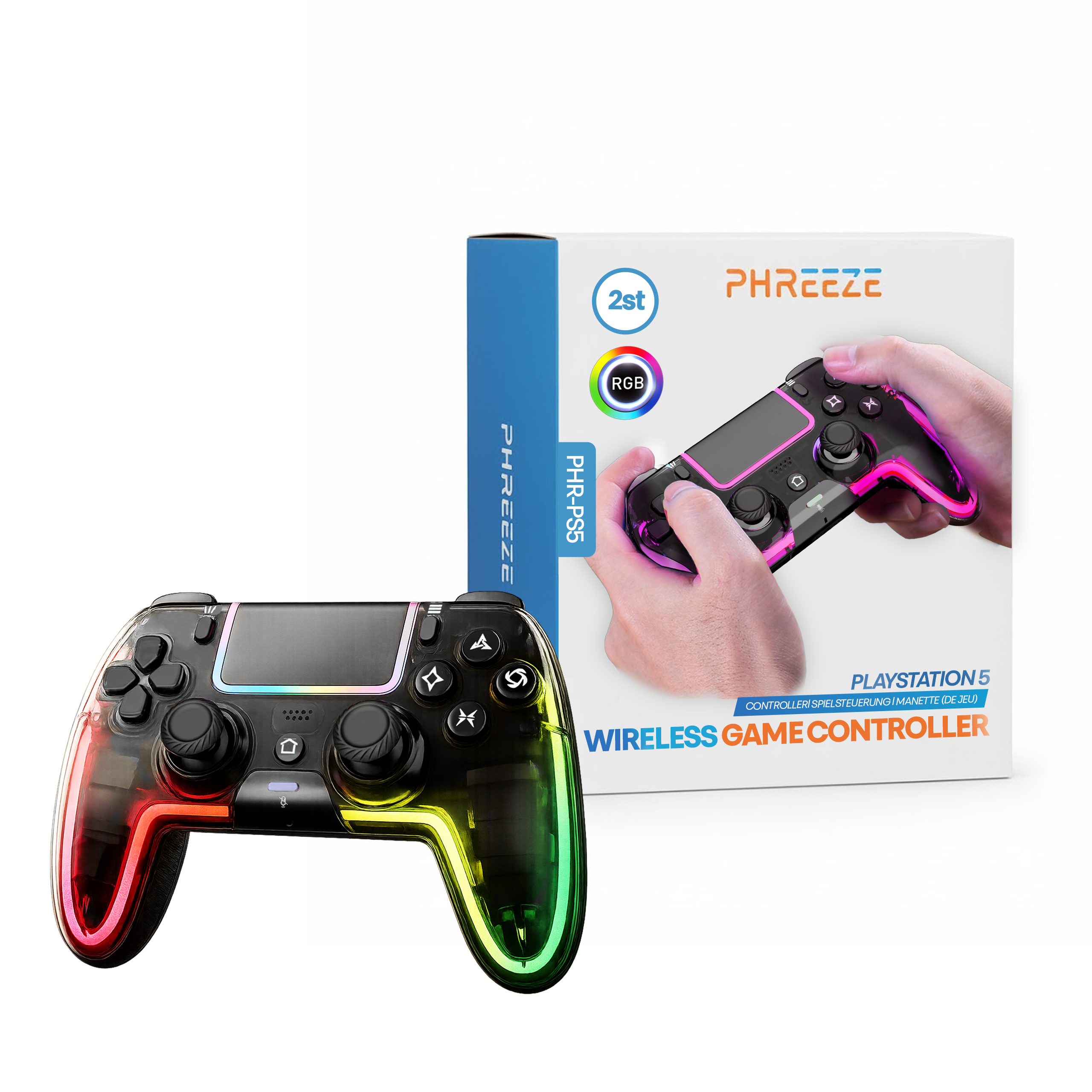 Een draadloze PlayStation 5 gamecontroller met RGB-verlichting. Op de achtergrond is een doos met de merknaam te zien.
