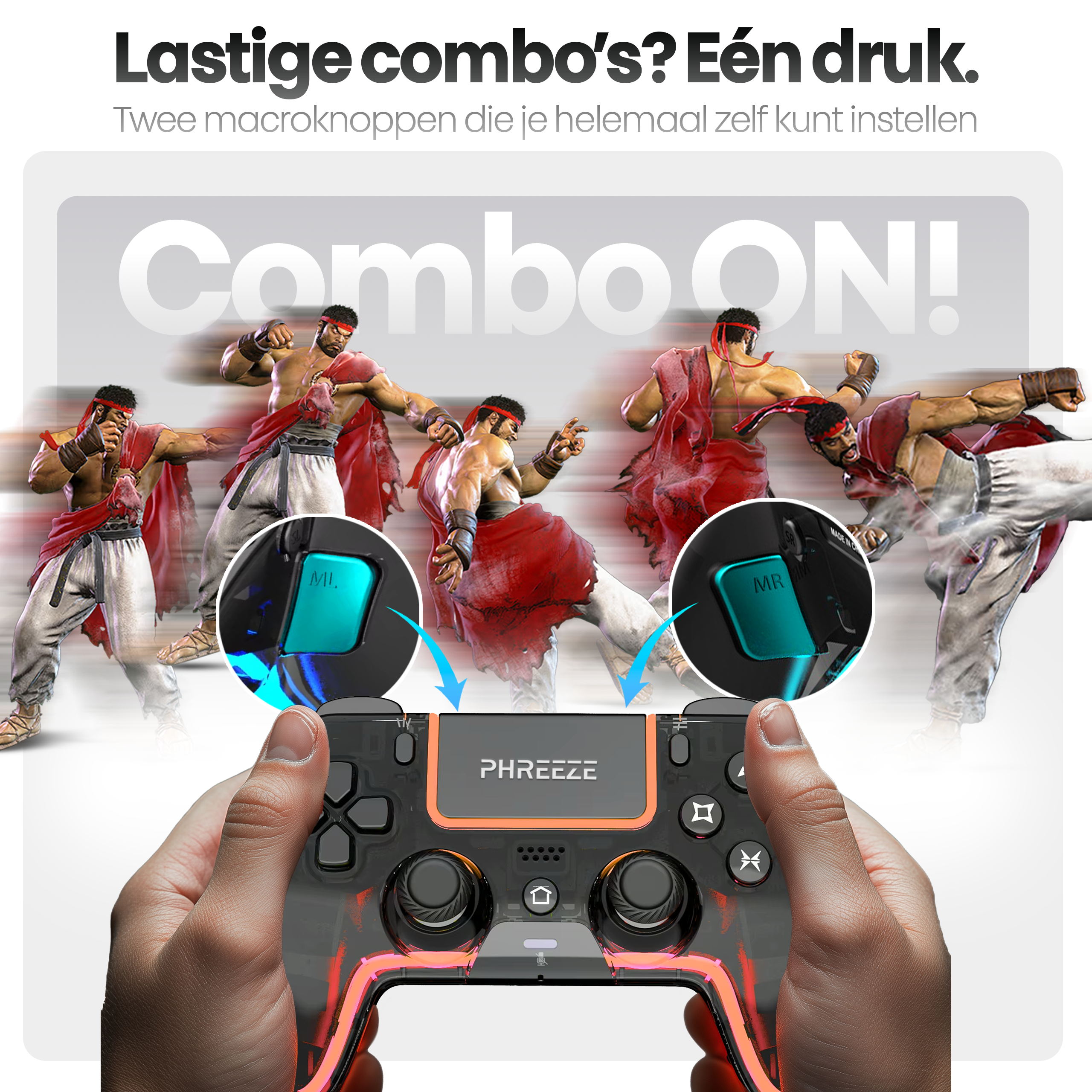 Afbeelding toont een gamecontroller met actiefiguren op de achtergrond. Controller heeft gloeiende lichten en knoppen.