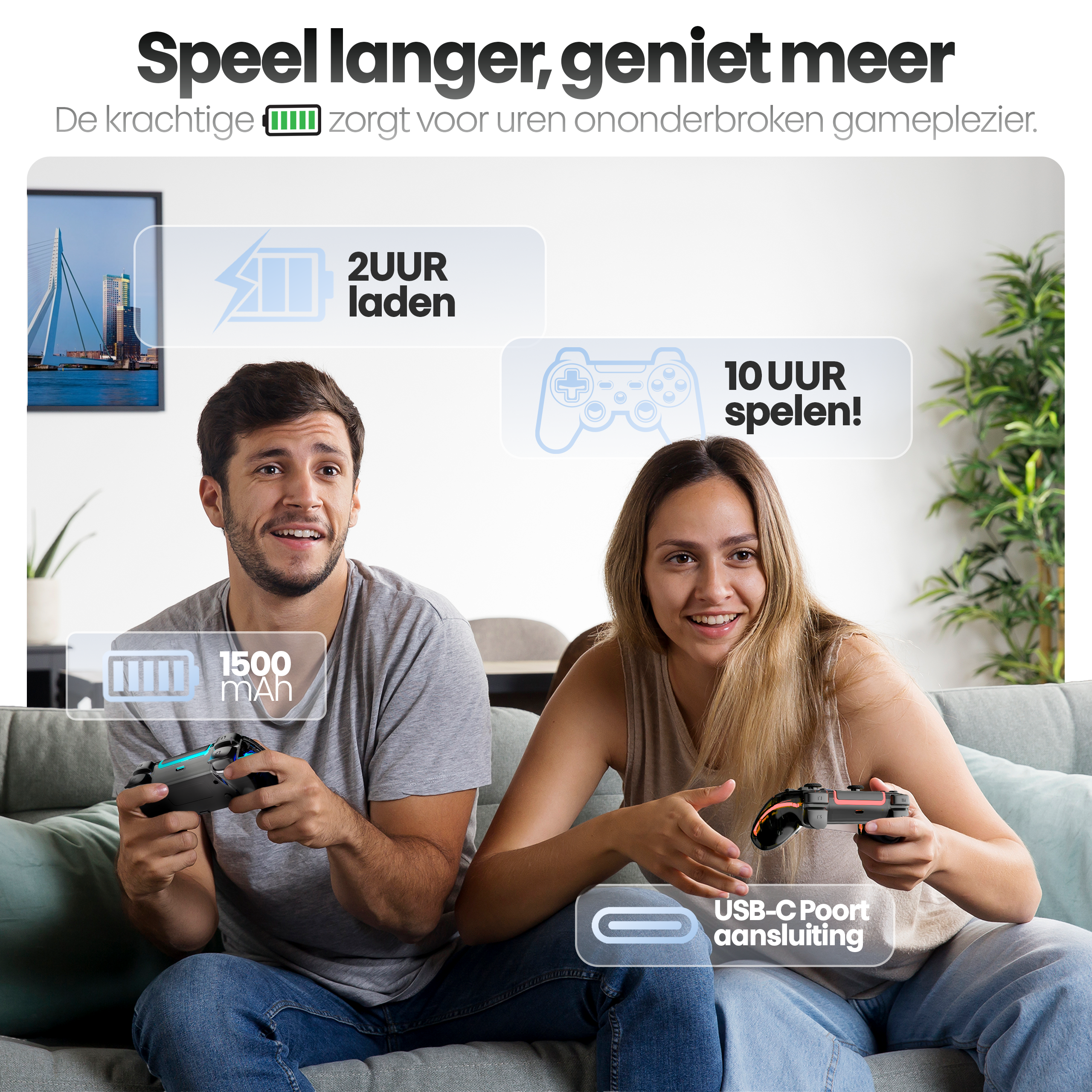 Een man en een vrouw spelen videogames met controllers. De tekst bevat batterijduur, oplaadtijd en speeltijd.