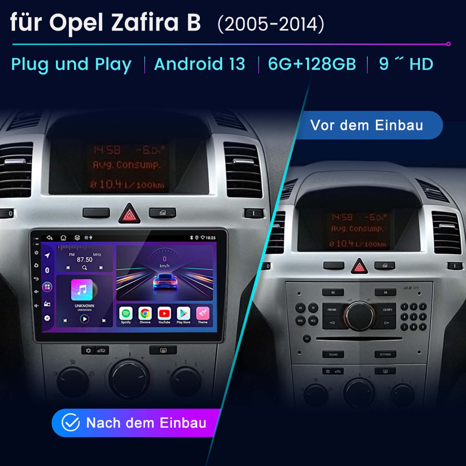 Vergleich des Autoradioeinbaus. Zeigt alte und neue Autoradiosysteme. Das neue zeigt Apps und Informationen.