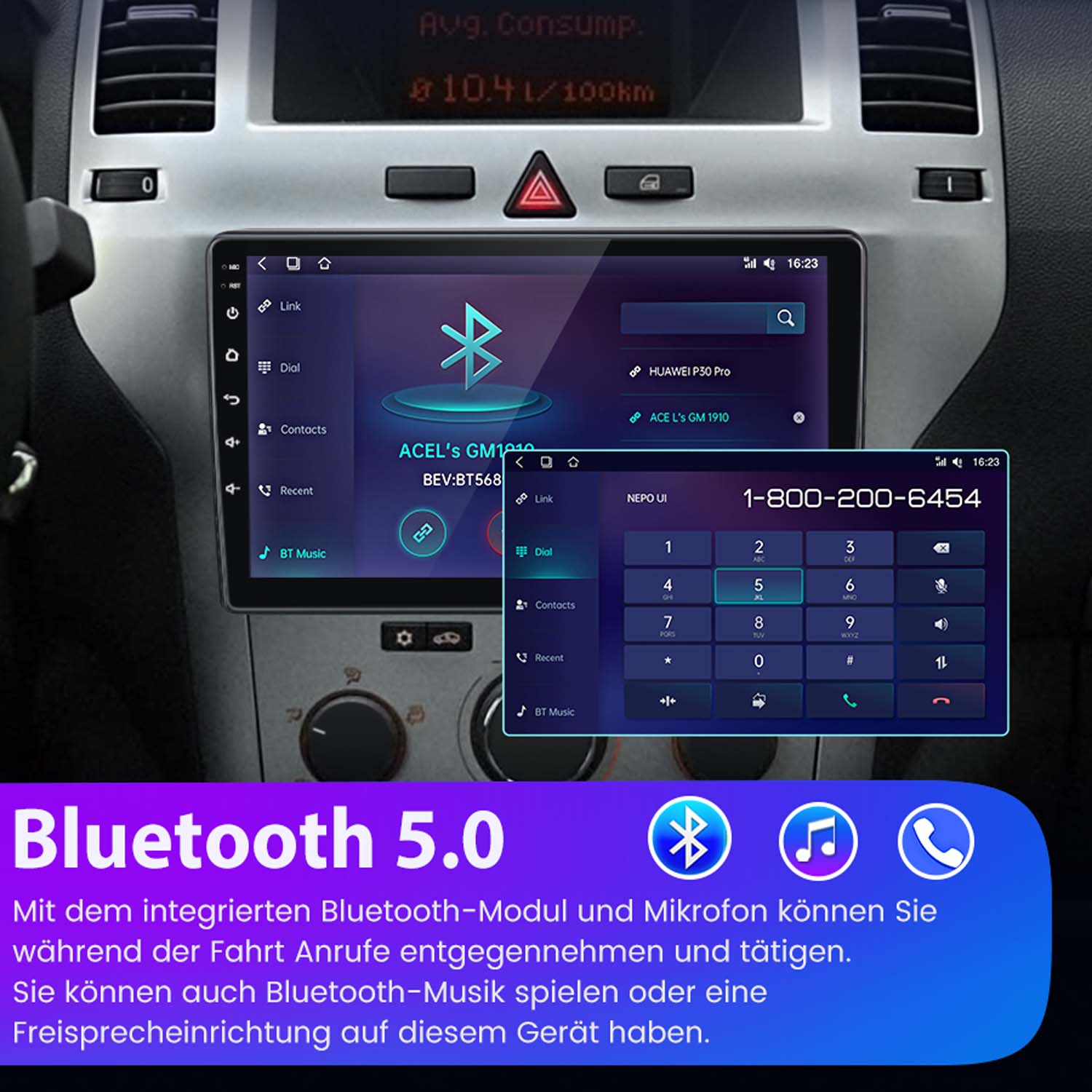 Autoradio-Bildschirm mit Telefonwählgerät und Bluetooth-Funktionen, mit Bluetooth 5.0 Grafik und Text.