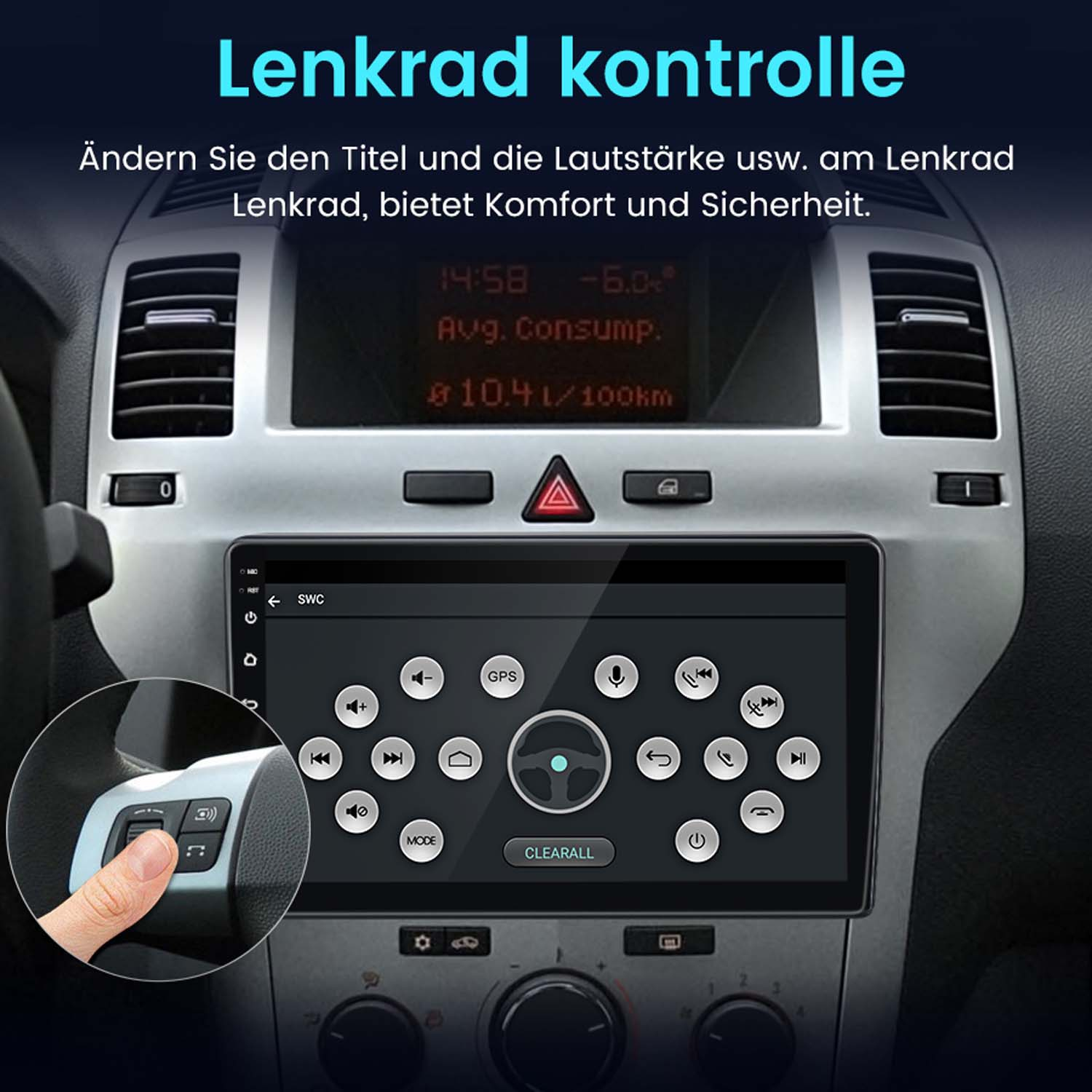 Autoinnenraum mit Lenkradbedienung, zentralem Display und Hand, die einen Knopf am Lenkrad drückt.