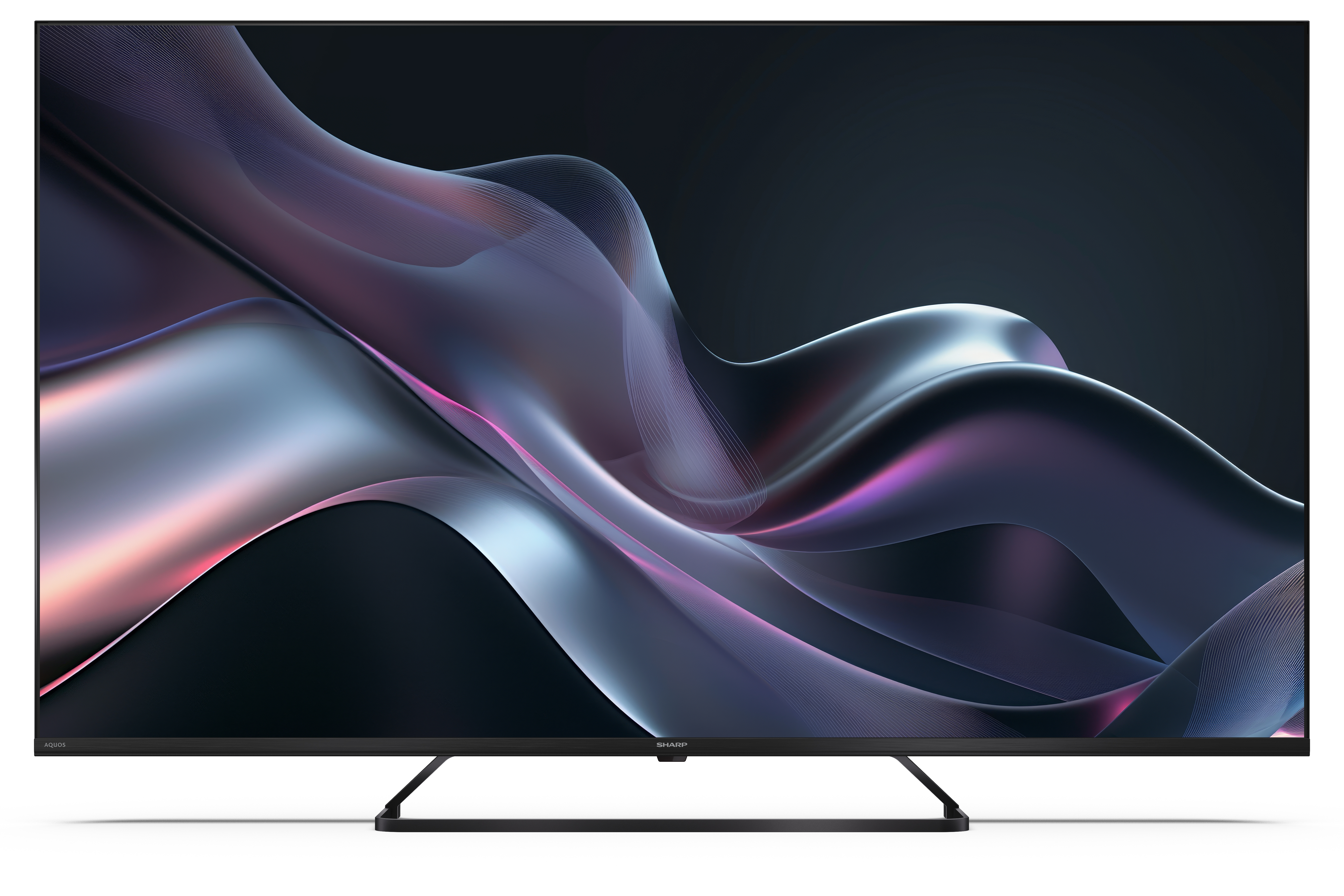Un téléviseur Sharp affiche un design abstrait avec des formes fluides et irisées en violet, rose et argent sur fond noir.