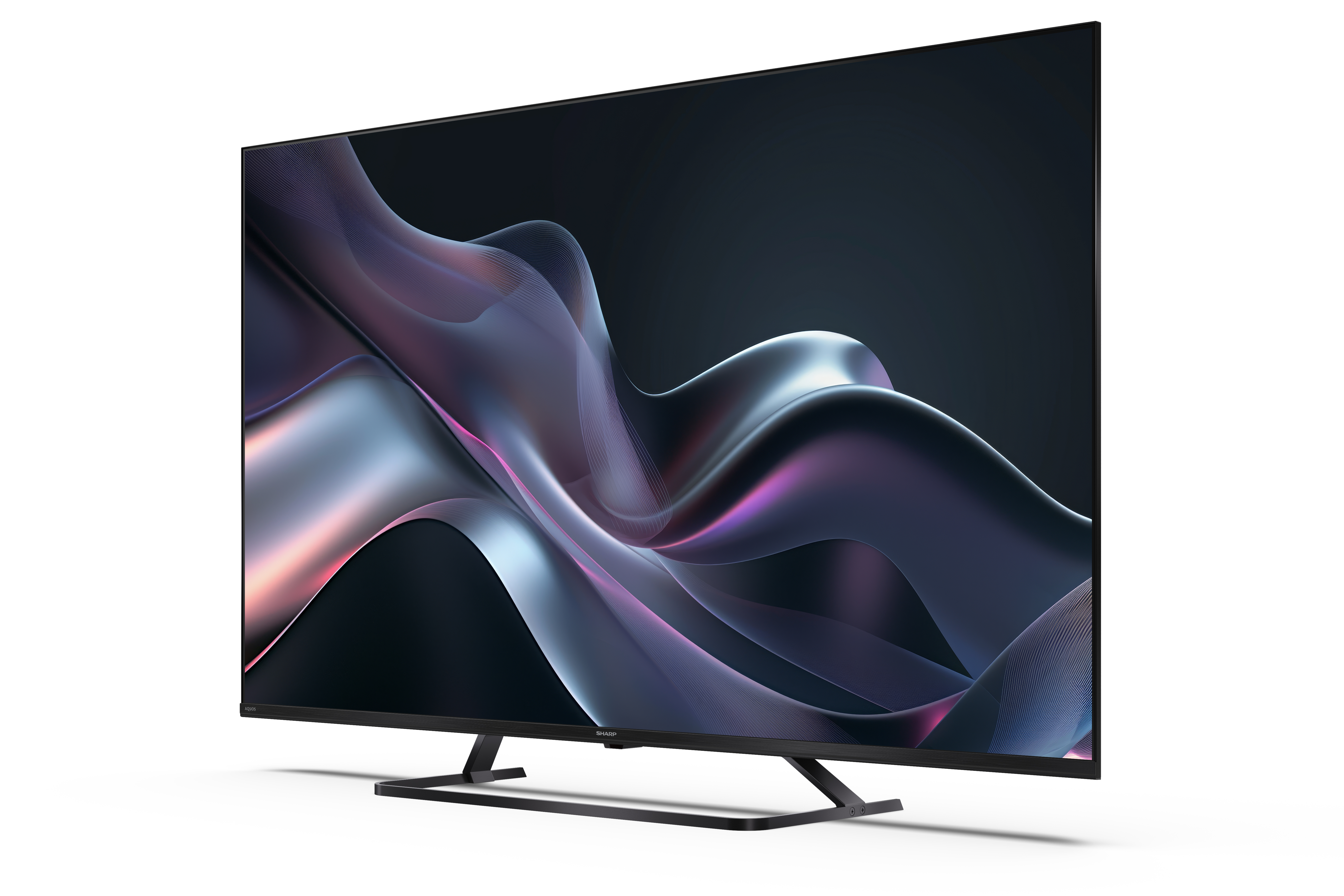Une grande télévision moderne avec un cadre noir. L'écran affiche un motif ondulé abstrait et coloré. Fond blanc.