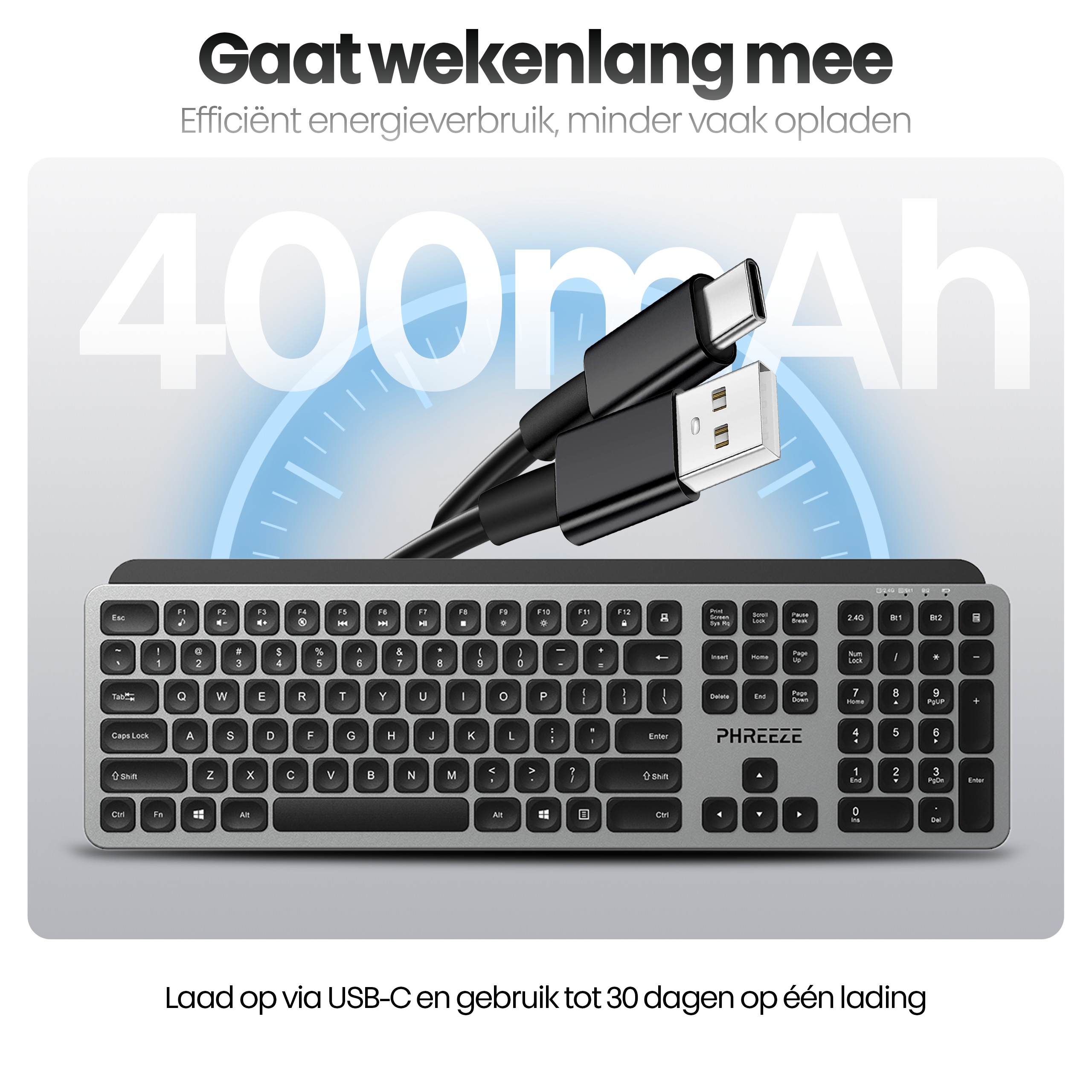 Een toetsenbord met USB-kabel op een witte ondergrond. Tekst toont lange batterijduur en 400mAh.