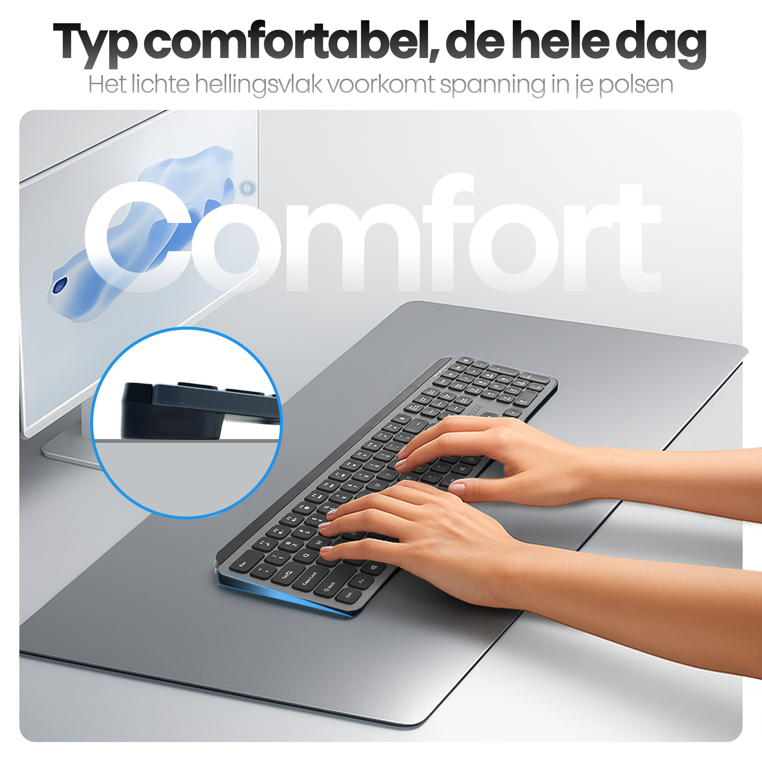 Handen typen op een toetsenbord op een grijze pad. Een close-up toont de hoek van het toetsenbord, wat comfort bevordert.