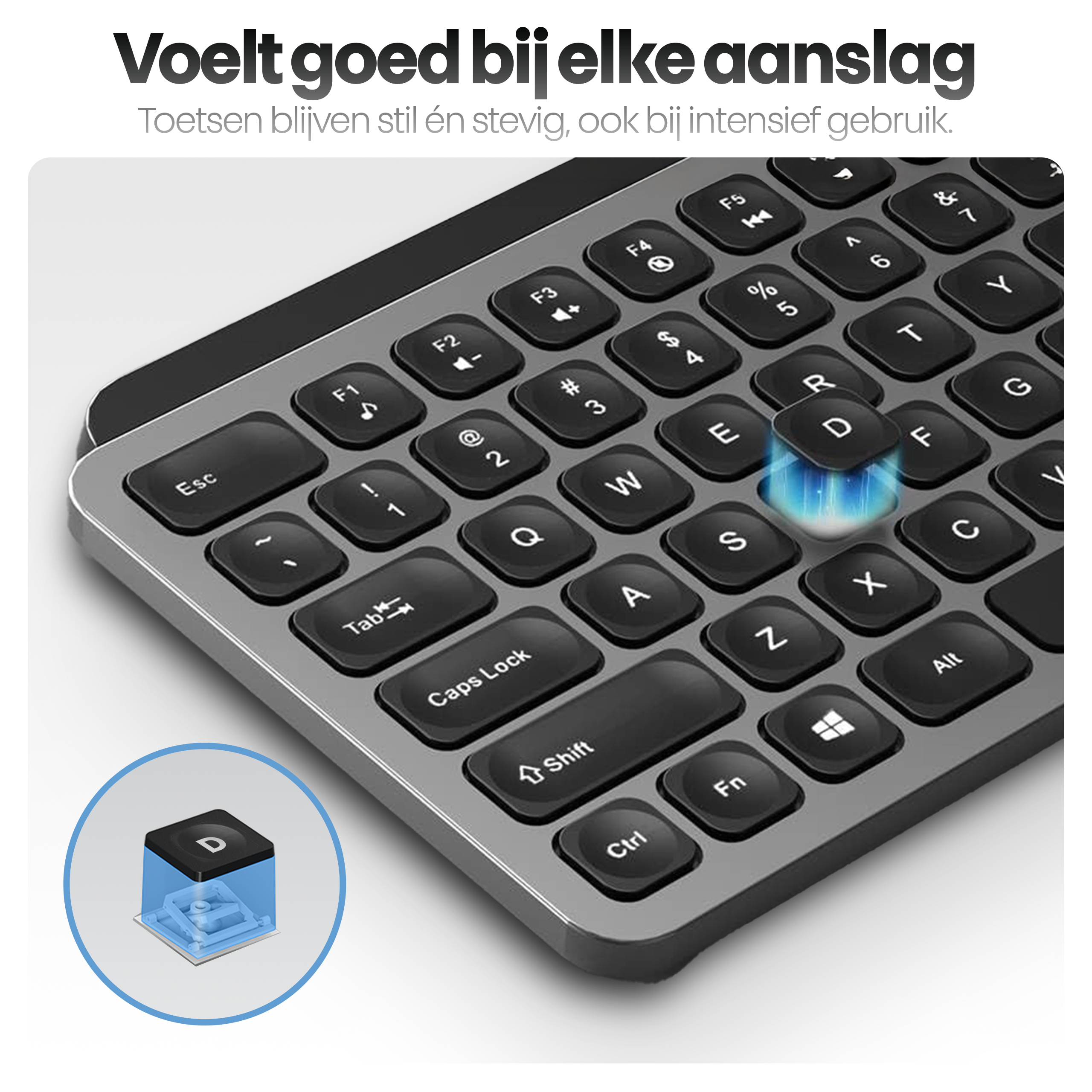 Close-up van een zwart toetsenbord. De D-toets heeft een blauw lichteffect. Een klein diagram toont de mechanica.
