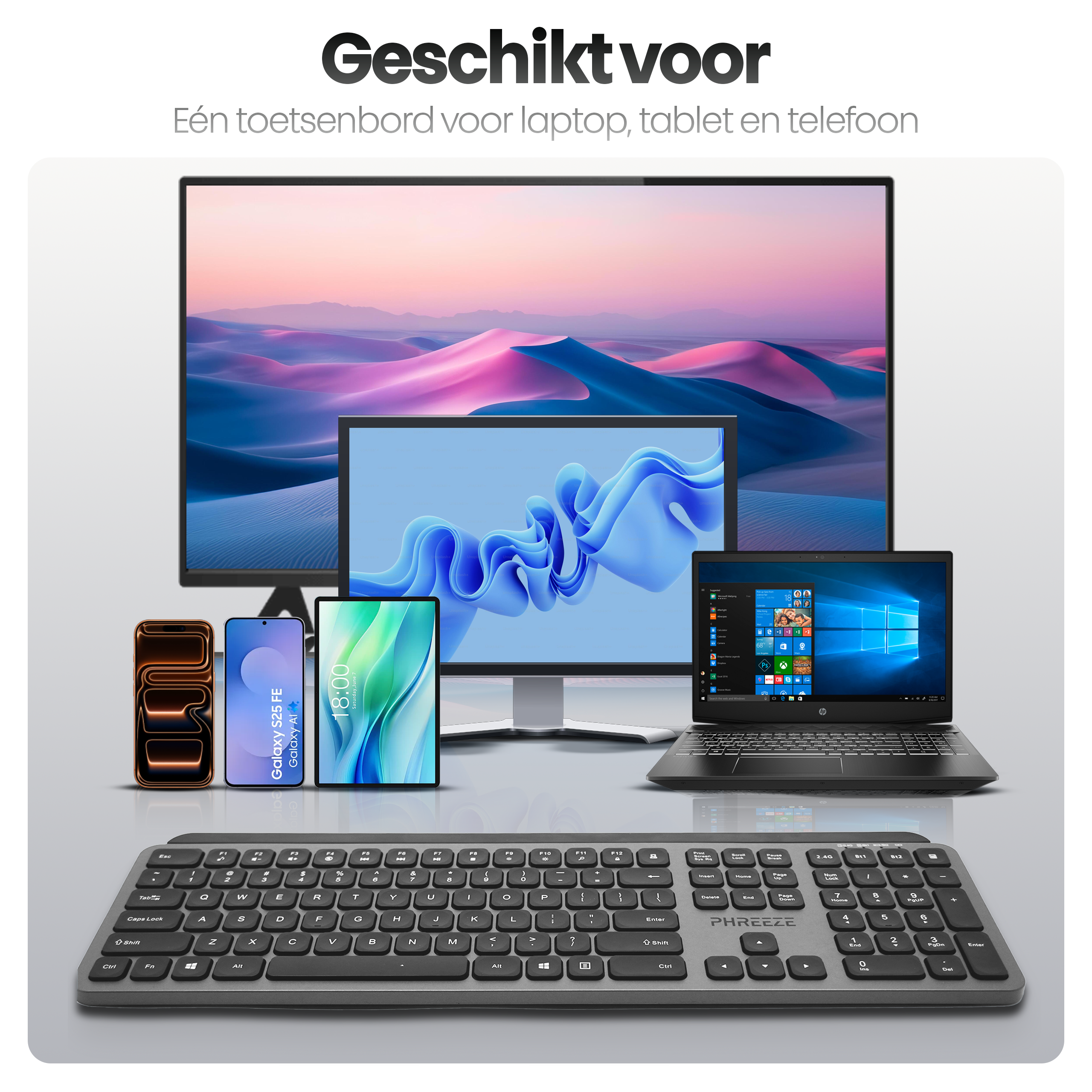 Een toetsenbord met meerdere apparaten: laptop, tablet, telefoon en monitor. Boven staat 'Geschikt voor'.