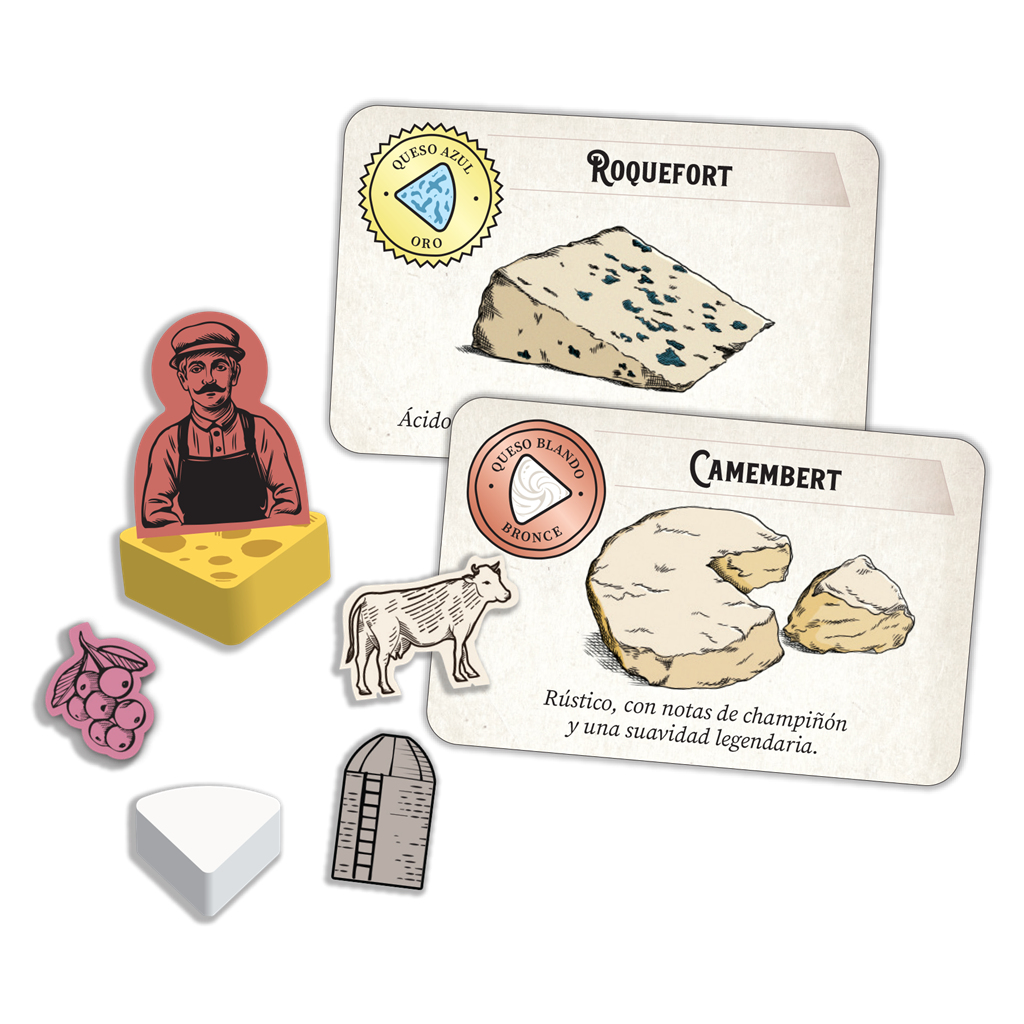 La imagen muestra tarjetas de queso, una figura de quesero y trozos de queso. Las tarjetas muestran tipos de queso como Roquefort y Camembert.