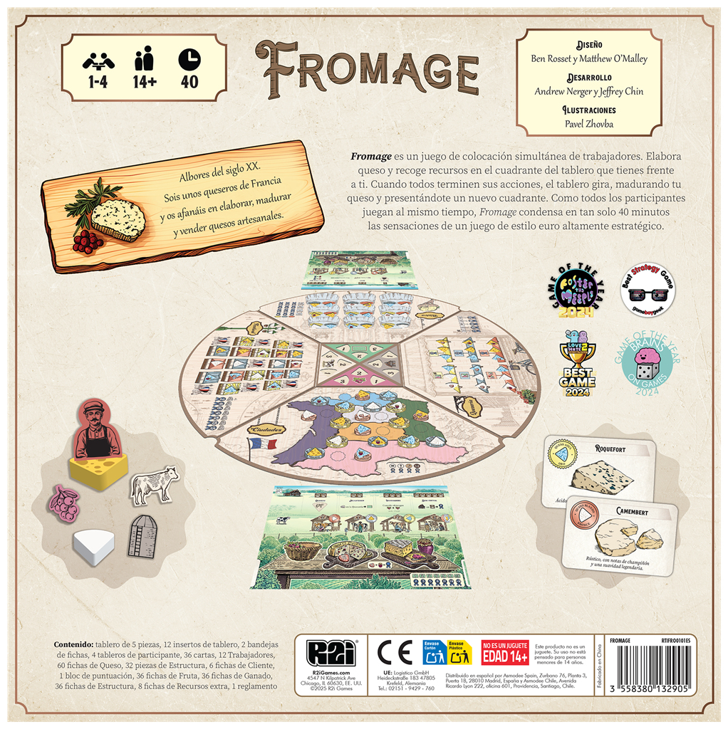 Caja del juego de mesa con el título Fromage, queso y componentes del juego visibles.