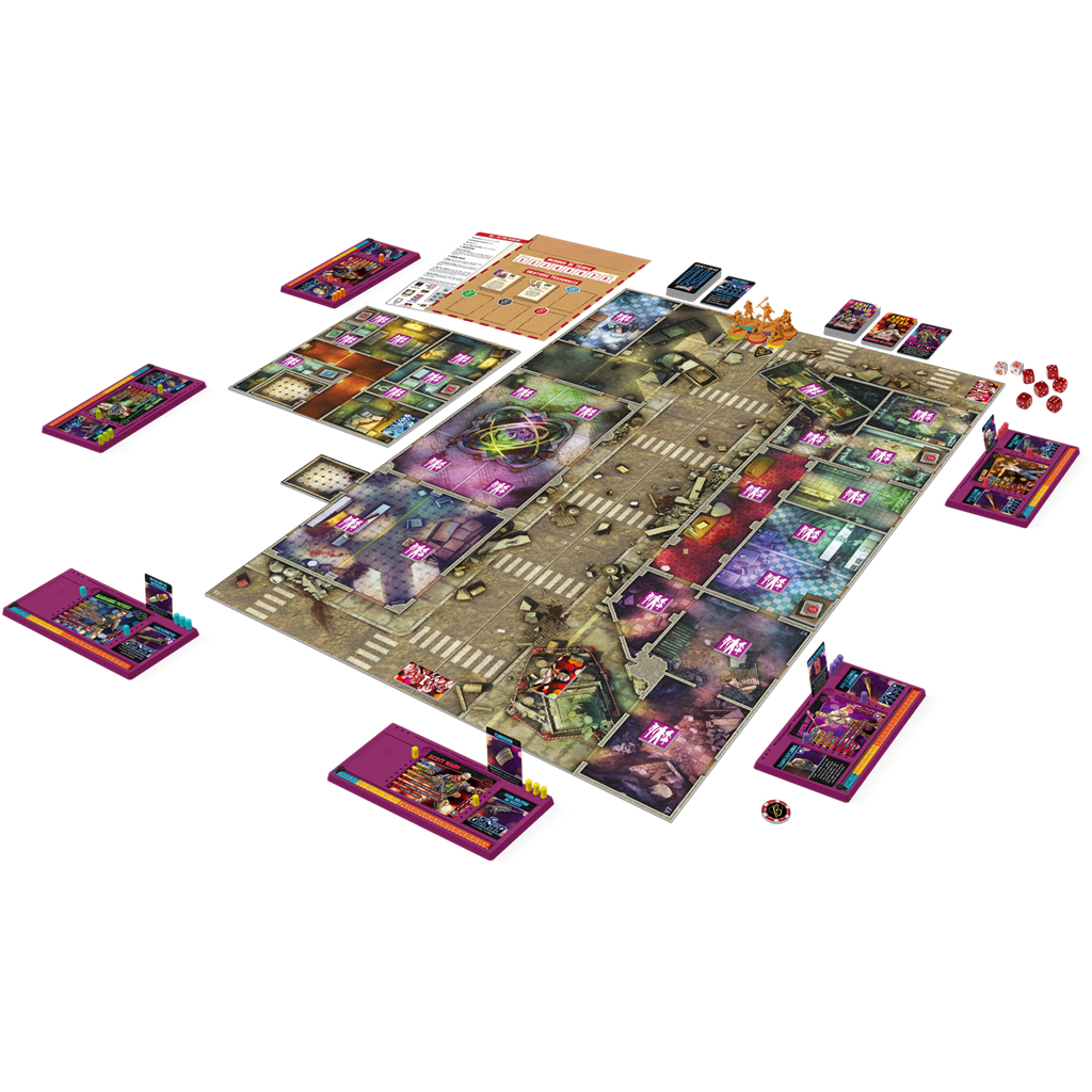 Ein Brettspiel-Setup mit einem zentralen Spielbrett, verschiedenen Karten, Spielsteinen, Würfeln und Spielertafeln. Das Spiel hat ein Stadt-Setting.