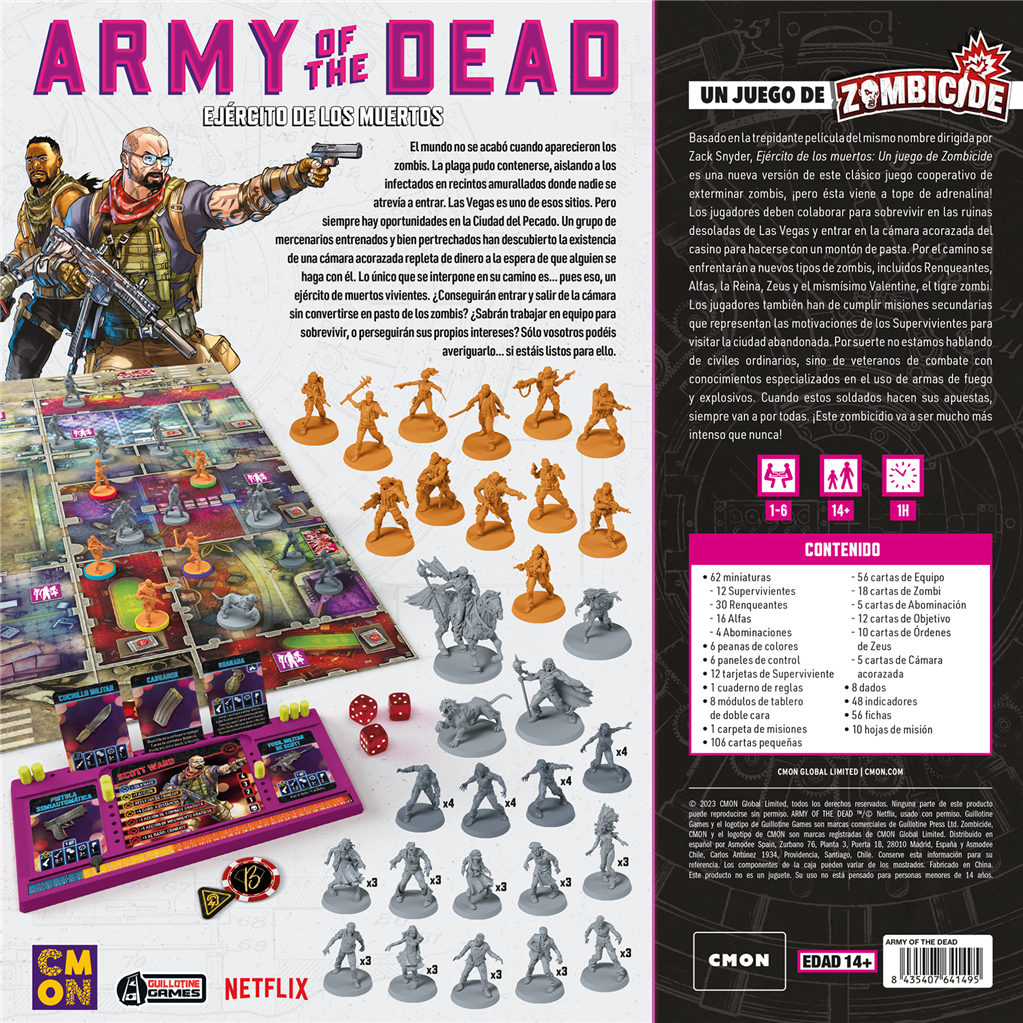 Brettspielbox mit dem Titel 'Army of the Dead'. Zeigt Figuren, Spielkomponenten und Text in mehreren Sprachen.