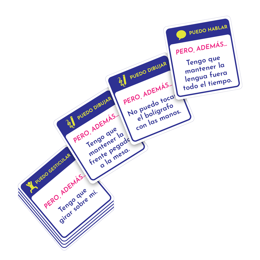 Tarjetas con texto: 'Puedo gesticular', 'Puedo dibujar' y 'Puedo hablar'. Cada tarjeta enumera una restricción, como 'girar' o 'sacar la lengua'.