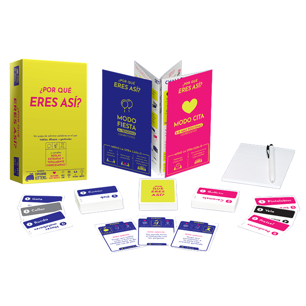Se muestran la caja del juego y los componentes. La caja es amarilla y azul. Hay cartas y folletos con varios títulos y textos.
