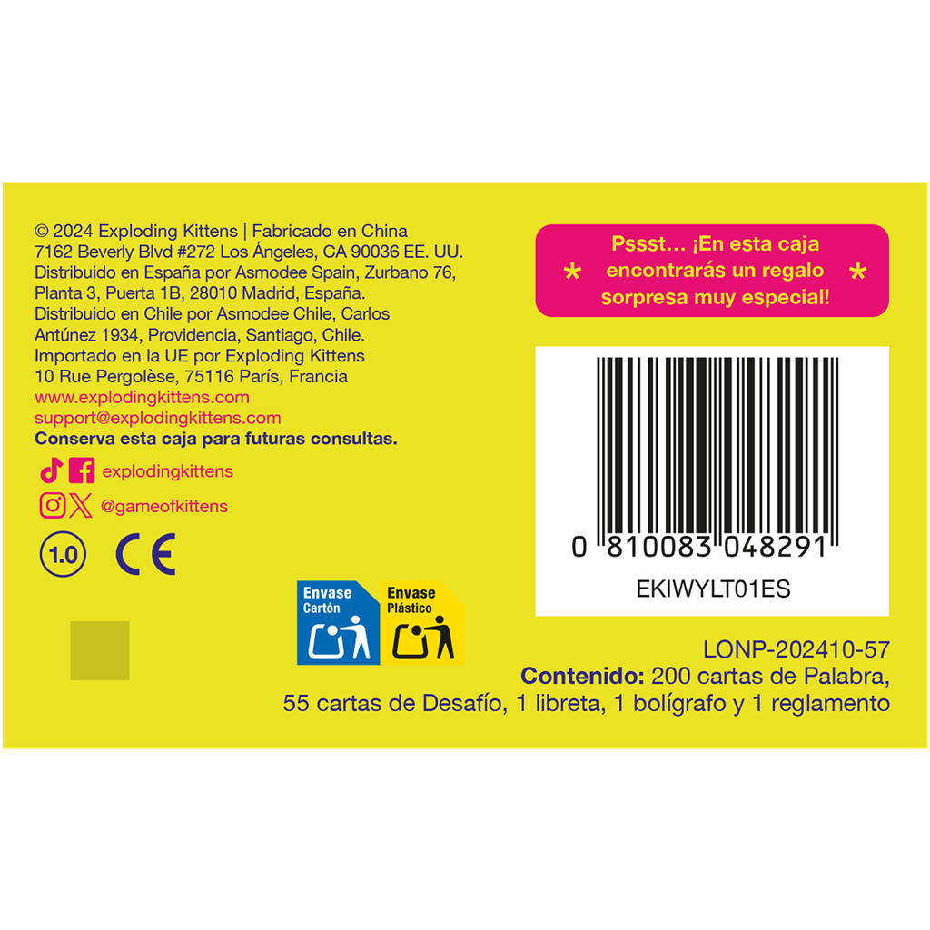 Caja con texto en español, código de barras e iconos. Contiene cartas, cuaderno, bolígrafo y reglas.