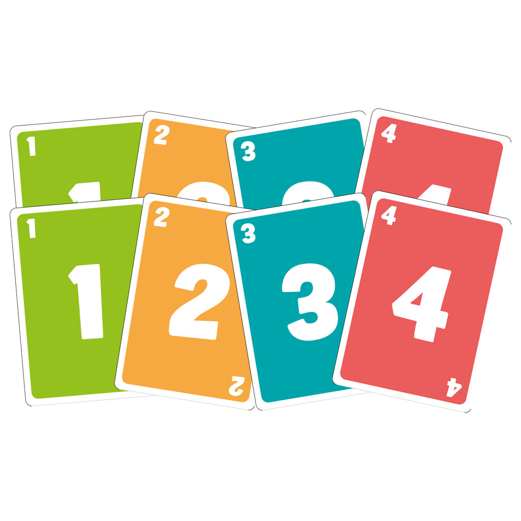 Karten mit den Zahlen 1, 2, 3 und 4 in Grün, Orange, Türkis und Rot. Jede Karte zeigt die Zahl in großer weißer Schrift.