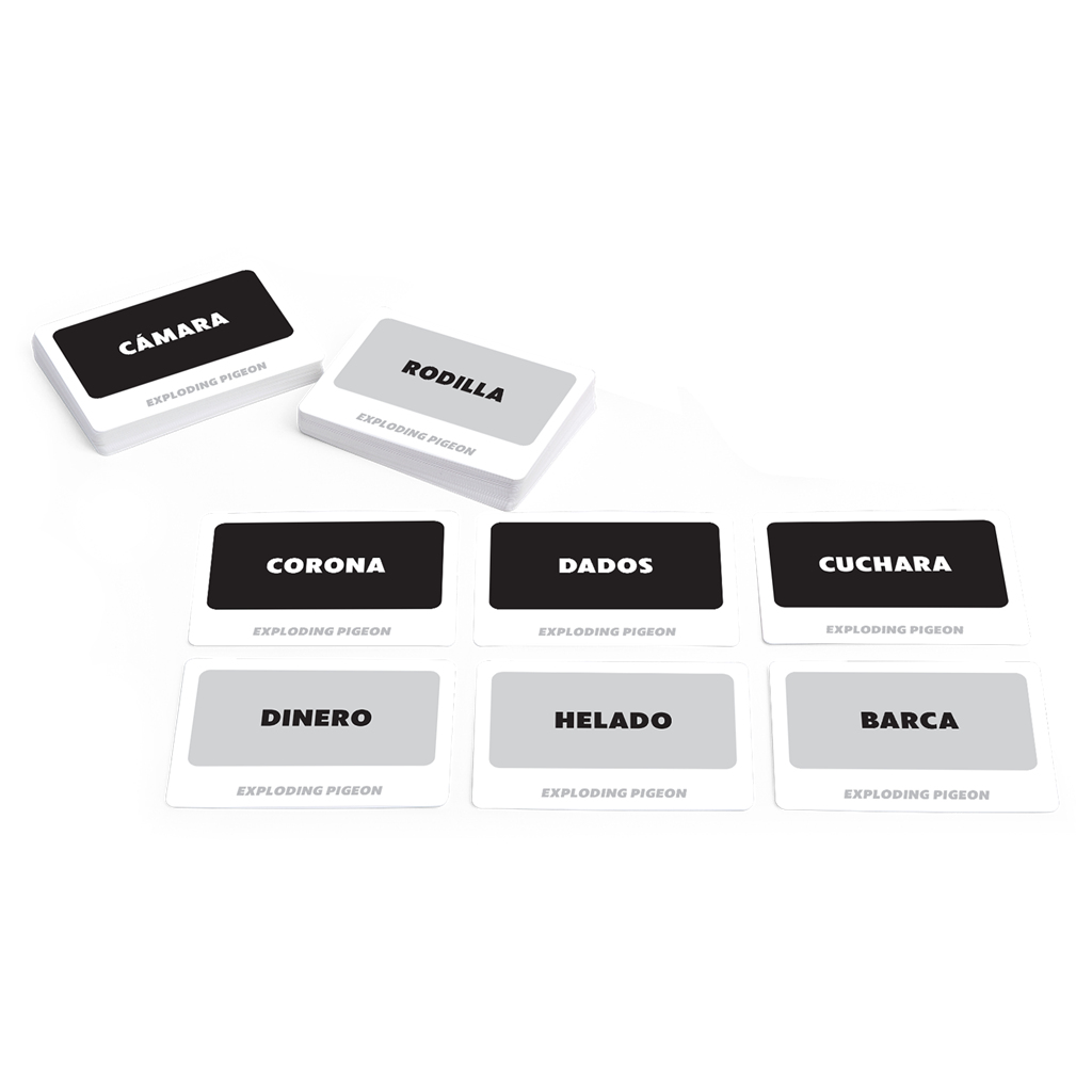 Se muestran cartas con palabras como 'CÁMARA', 'RODILLA', 'CORONA' y más. La marca 'EXPLODING PIGEON' es visible.