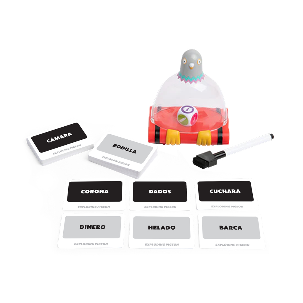Un juego con cartas y un dispositivo con forma de paloma. Las cartas tienen palabras como 'cámara' y 'corona'. También hay un bolígrafo y un cubo.