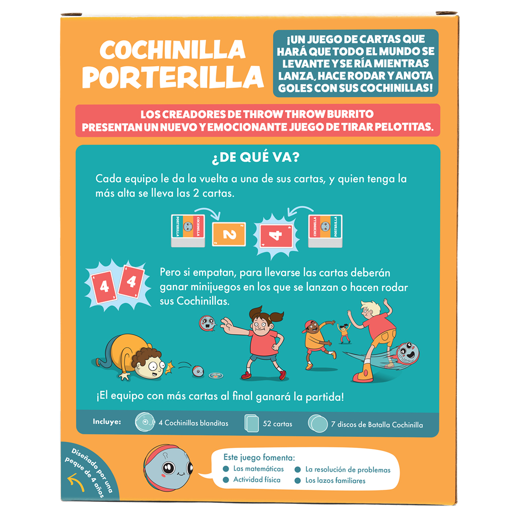 Spielbox-Art. Kinder werfen Gegenstände. Text enthält den Namen des Spiels, Regeln und Komponenten.