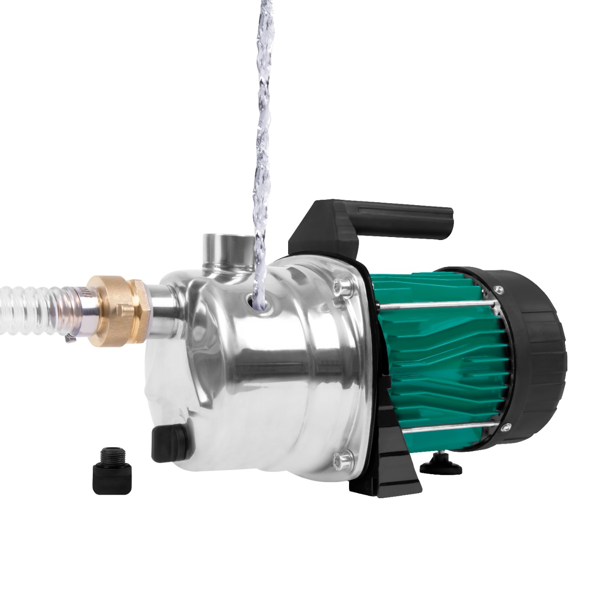 Een metalen waterpomp met groene en zwarte accenten. Water stroomt van bovenaf. Er is ook een slang en een zwarte dop.