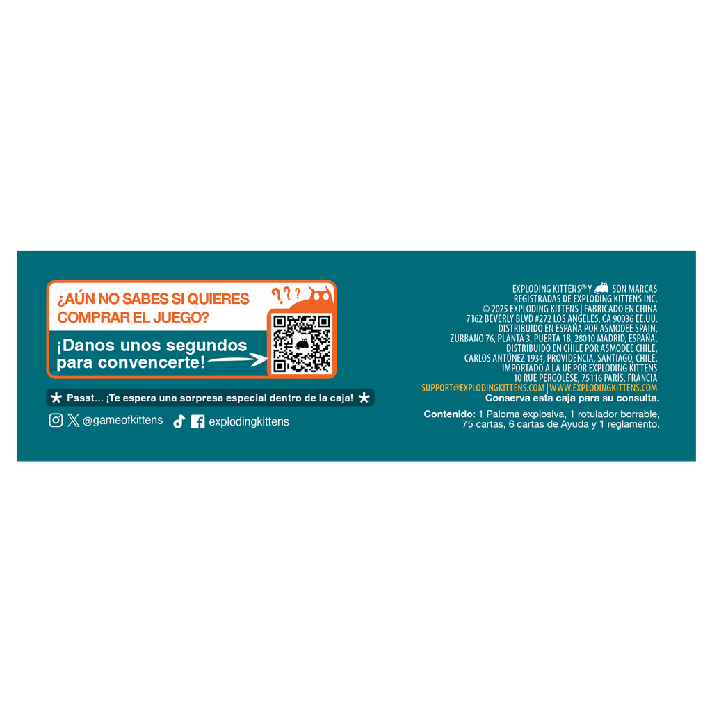 Una caja turquesa con texto en español. Promociona el juego Exploding Kittens e incluye un código QR.