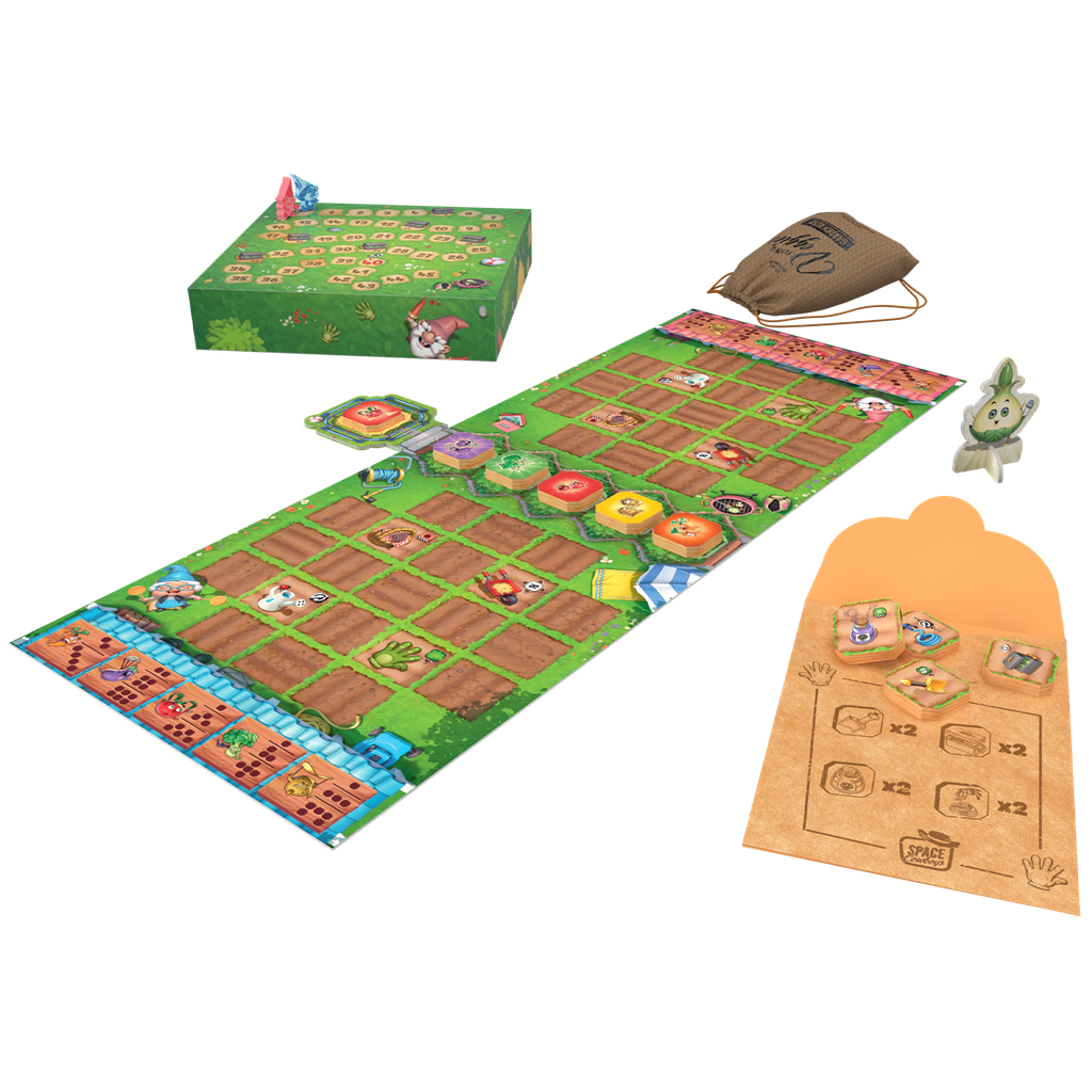 Un juego de mesa con temática de jardín. Incluye tablero, cartas, dados y fichas, con ilustraciones de verduras y gnomos.