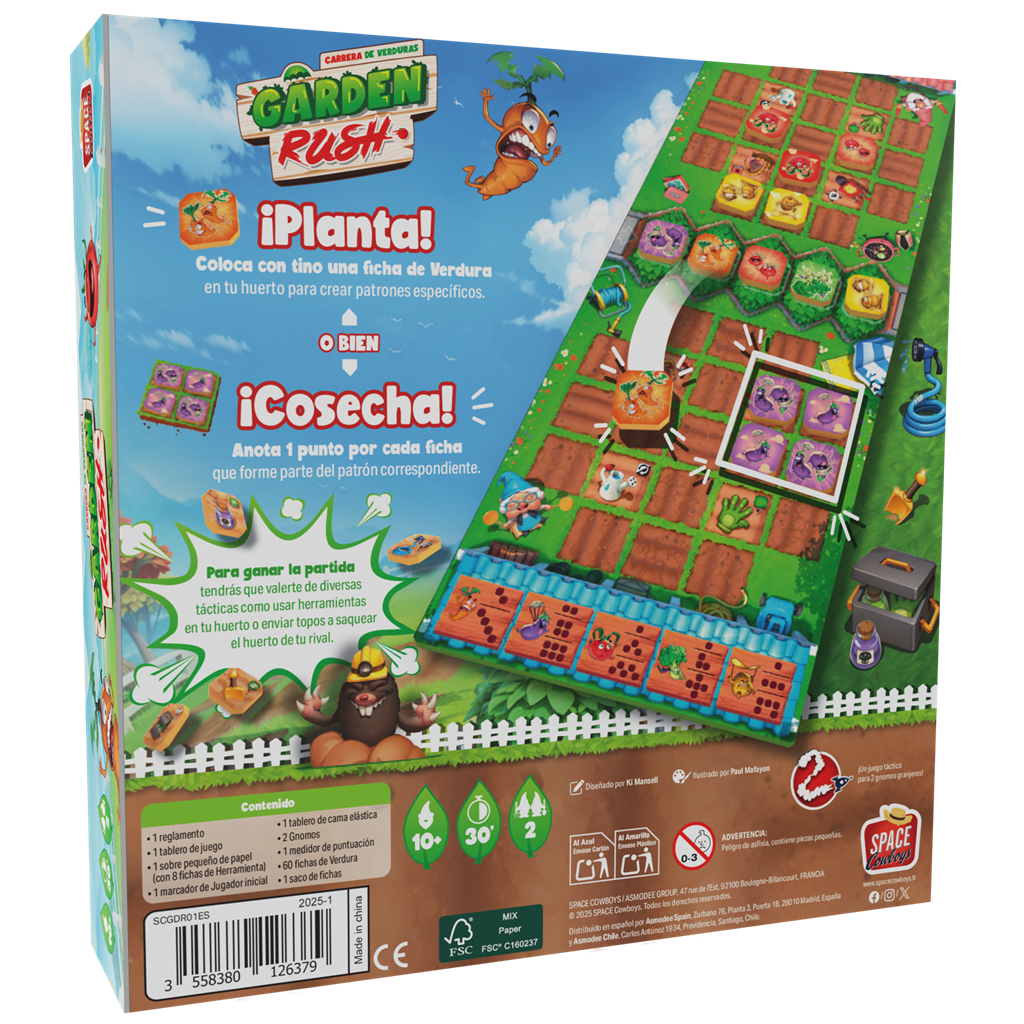 Caja de juego con título Garden Rush, verduras, jardín y piezas, con instrucciones.