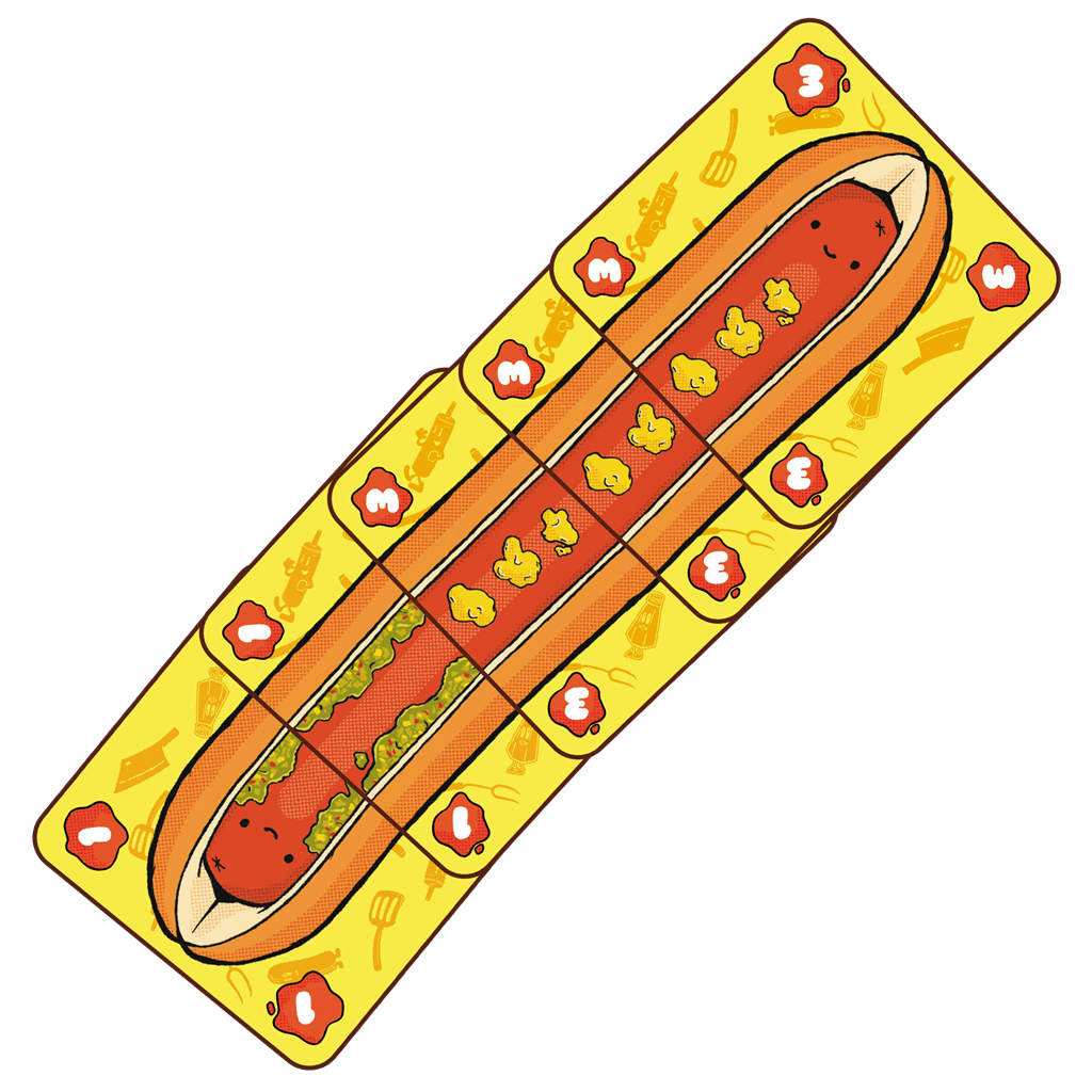 Un perrito caliente de dibujos animados con aderezos, mostaza, relish y ketchup sobre una tabla amarilla con utensilios de cocina y gotas de ketchup.