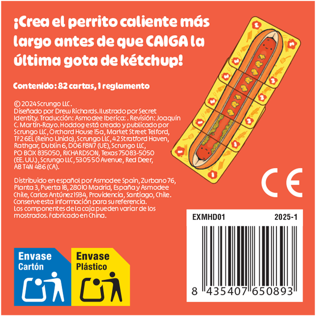 Caja con texto en español, ilustración de perrito caliente y código de barras. Incluye instrucciones y marca CE. Incluye símbolos de reciclaje.