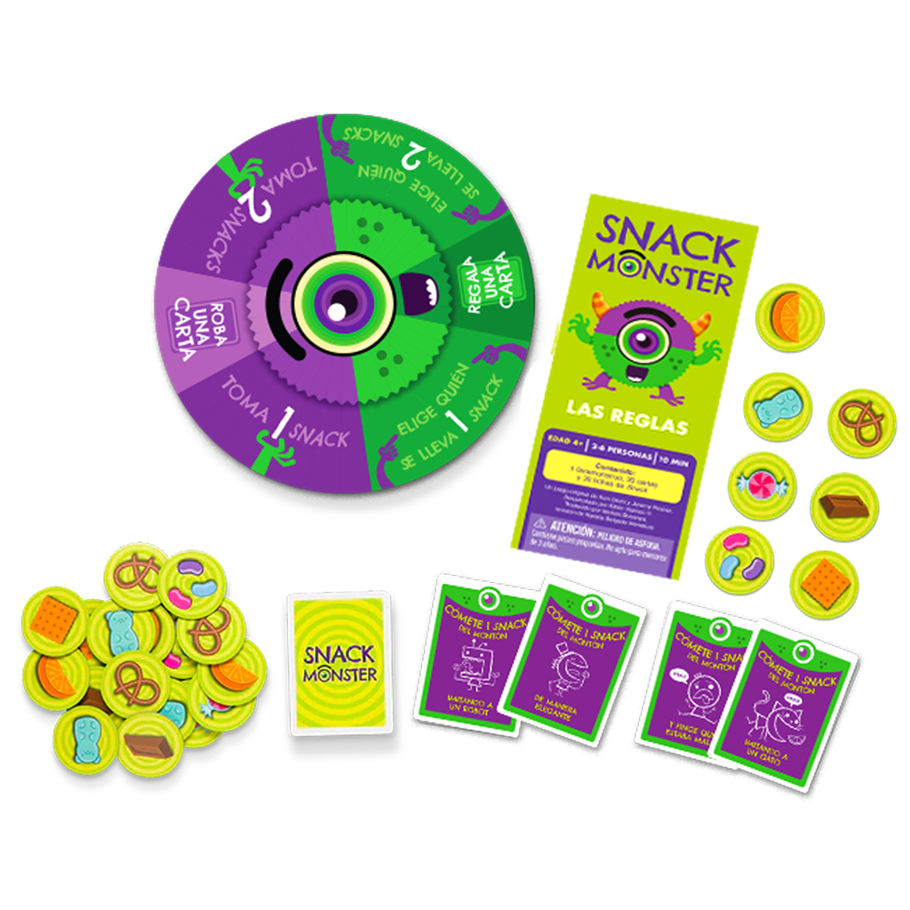 Un juego con una rueda morada y verde, cartas y fichas de snacks se muestra.
