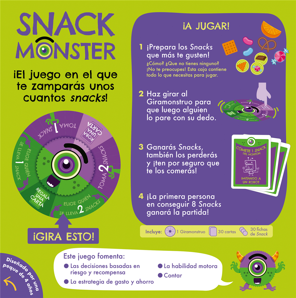 Caja del juego Snack Monster. Tiene una rueda, cartas y snacks. Instrucciones en español. El juego es para niños.