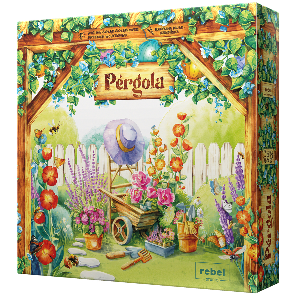 Arte de la caja del juego 'Pérgola'. Presenta una escena de jardín con flores, una carretilla, un sombrero y una pérgola de madera.