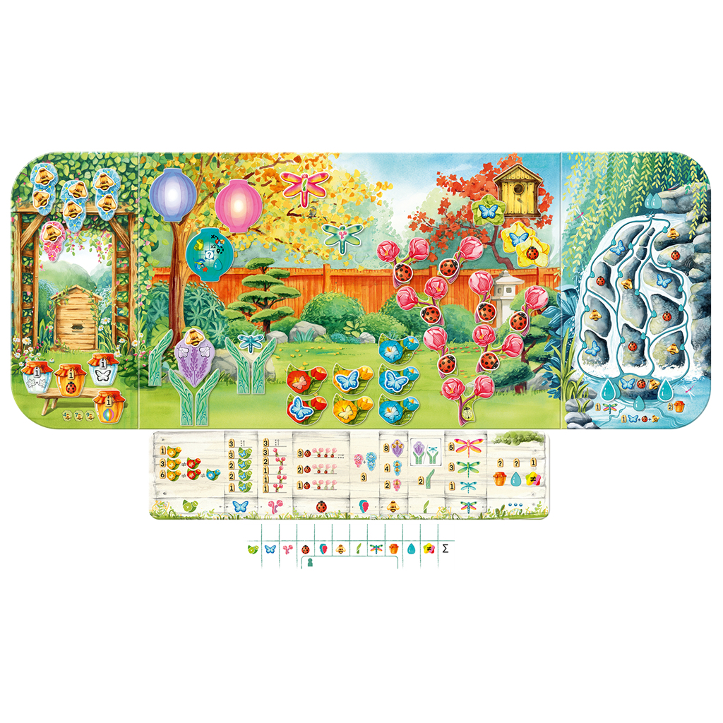 Un juego de mesa colorido con un jardín, incluyendo abejas, mariposas, flores, una cascada y piezas del juego.