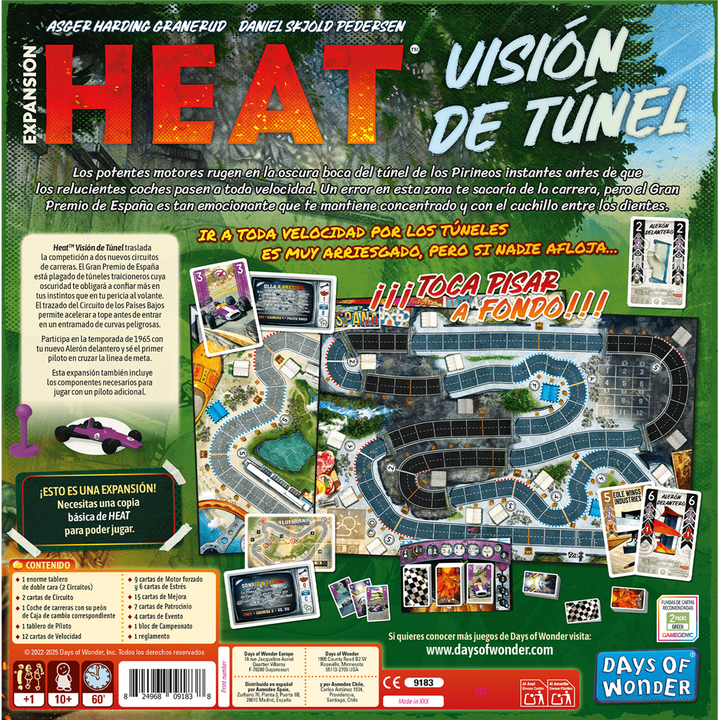 Caja de juego de mesa con pista de carreras, coches, cartas y texto en español. Presenta un coche y las palabras 'HEAT VISION'.