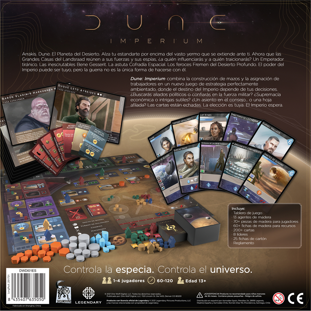 Brettspiel-Box, Dune Imperium, mit Karten, Charakteren und Spielsteinen. Text in Spanisch und Englisch.