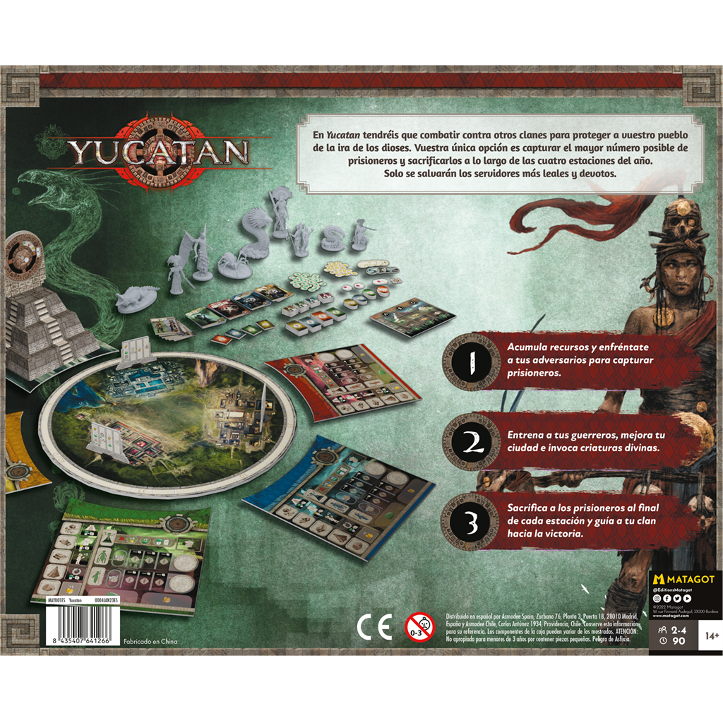Yucatan-Brettspielbox. Enthält Spielsteine, eine Illustration einer Frau und Text auf Spanisch. Grüner Hintergrund.