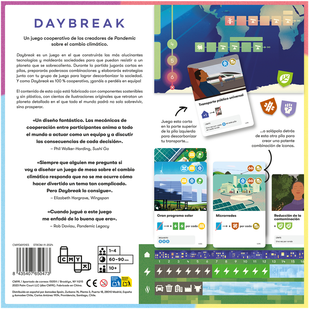 Caja de juego con texto e ilustraciones sobre el cambio climático, mostrando cartas y un tablero.