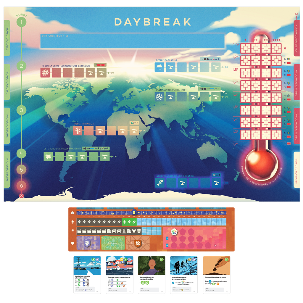 Un juego de mesa titulado 'Daybreak'. Muestra un mapa mundial, un termómetro y cartas del juego.