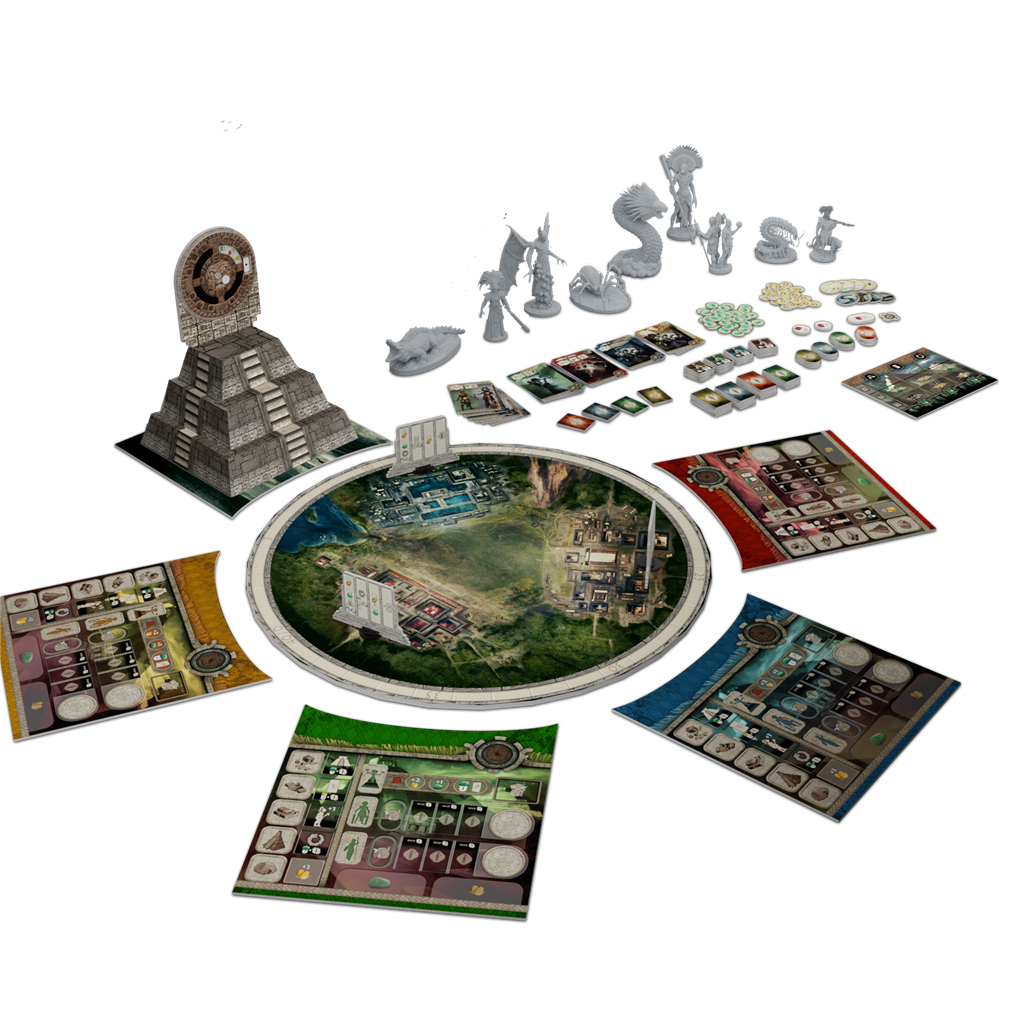 Brettspiel-Setup. Pyramide, kreisförmiges Brett mit Stadt, verschiedene Spielsteine und Spielerbretter, die um das zentrale Brett angeordnet sind.