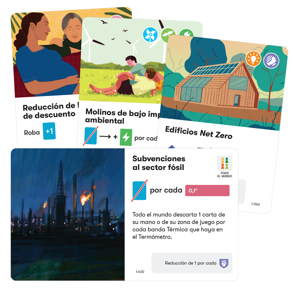 Tarjetas con ilustraciones: mujer embarazada, personas junto a aerogeneradores, casa con paneles solares, refinería de petróleo. Texto: reducción de descuento, subvenciones, edificios netos cero.