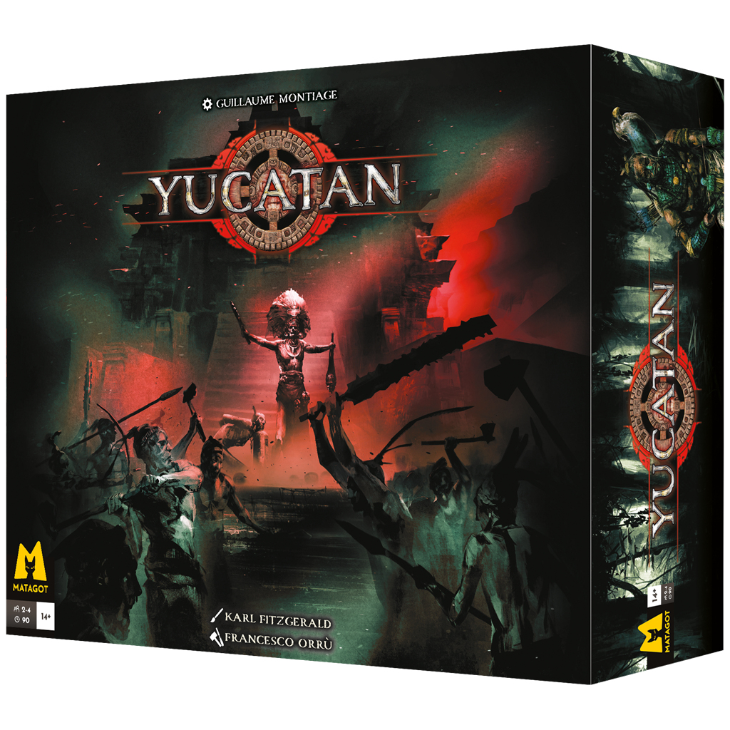 Yucatan-Brettspiel-Box-Art. Zeigt eine zentrale Figur, Krieger und Maya-Tempelruinen. Rote und dunkle Töne dominieren die Szene.