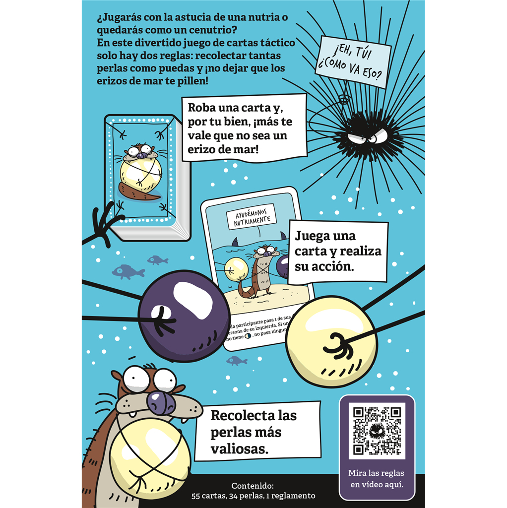 Caja de juego con nutria y erizo de mar de dibujos animados. Texto en español. Contiene cartas, perlas y reglas. Instrucciones.