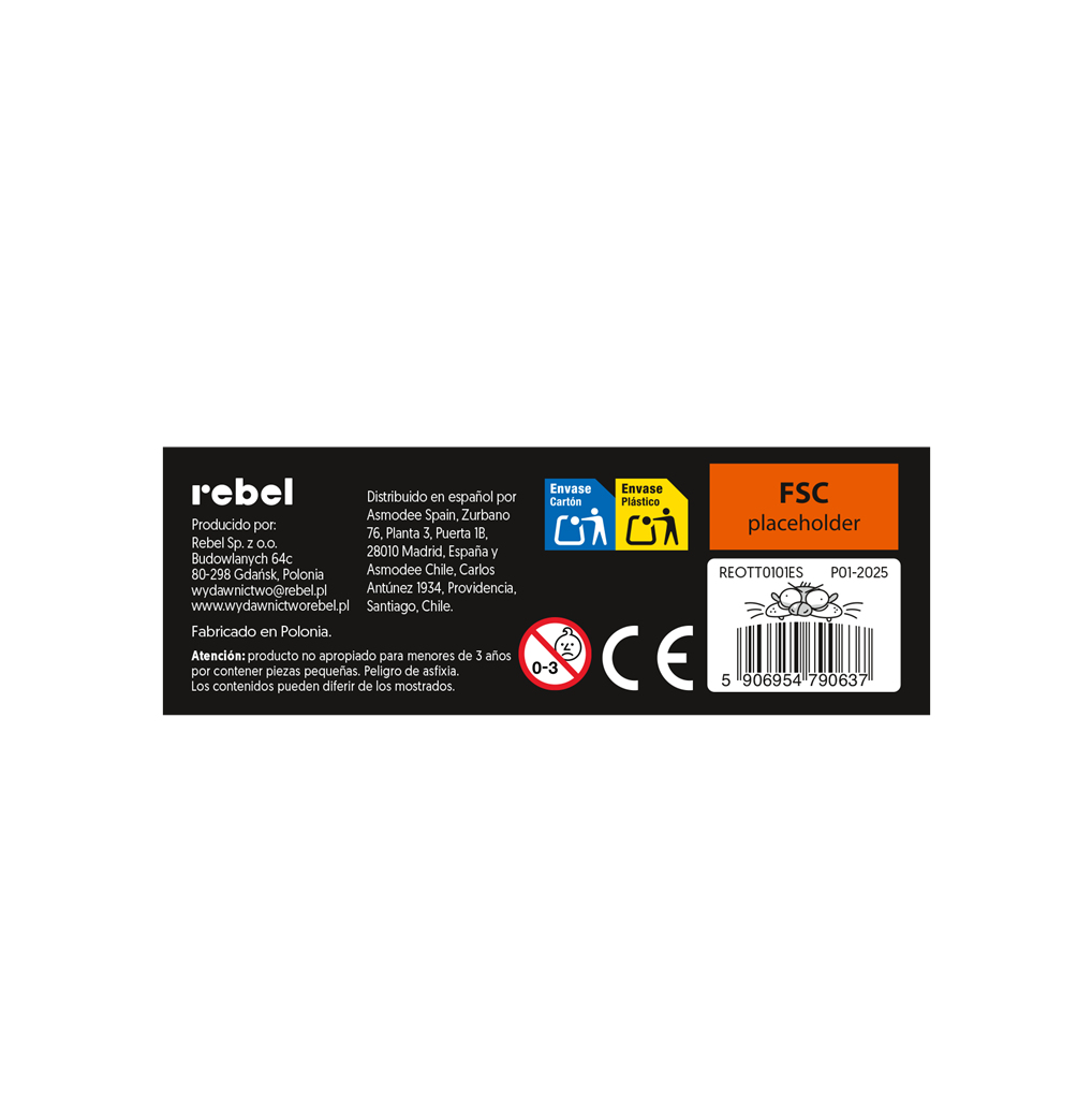 Caja de producto con texto y logotipos, incluyendo 'rebel', 'FSC' y 'CE'. Hay advertencias.